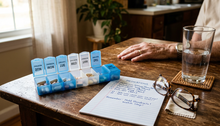 Close-up view of a kitchen table with a medication list, pill organizer, and reading glasses.