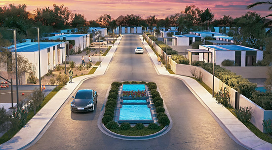 Rendering Palm Coast's upcoming Priviere community with modern modular homes, landscaped streets, and central water feature