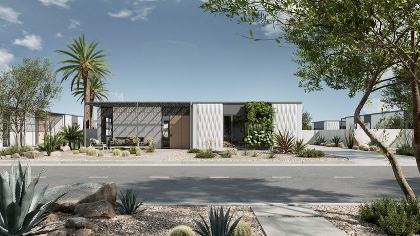 Front view of a modern modular home with desert landscaping by Mighty Buildings, provided by Palm Coast Modular.