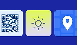 Three abstract app icons in a row on a dark blue background including a QR code, a weather app and a store locator.