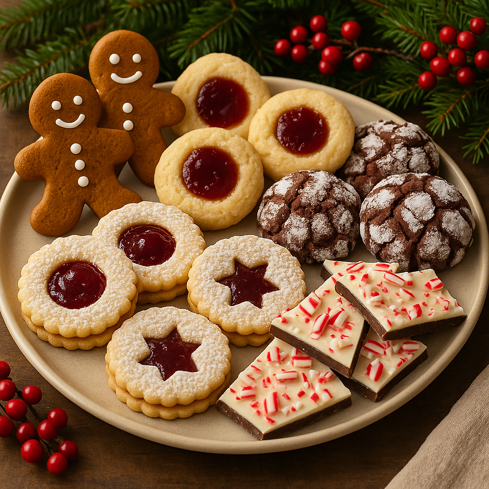 A picture of Christmas desserts on a plate that has gingerbread men, cookies and fudge.
