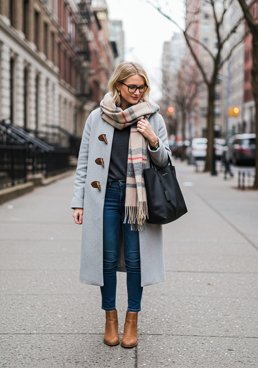 A blonde woman around 28 years old, adjusting an oversized plaid wool scarf (shades of gray, beige, and red) around her neck, standing on a New York City street during a winter afternoon. She wears a long light gray wool coat with large wooden buttons, a fitted black cashmere sweater, high-waisted dark blue jeans, and mid-calf caramel brown leather boots with a lug sole. She is wearing black-framed prescription glasses. Accessories include small gold hoop earrings, a silver watch on her left wrist, and a black leather tote bag slung over her right shoulder. The background features tall NYC buildings, leafless trees, and a pale gray sky, kept sharp and fully in focus. Realistic photographic style, soft natural lighting