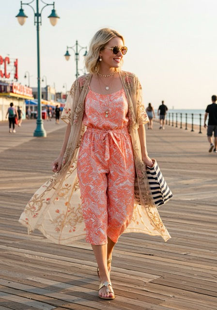 A blonde woman around 28 years old, delicately adjusting a lightweight, floral scarf in coral and beige tones around her neck, while walking on a wooden pier in Coney Island, New York, during a sunny spring afternoon in 2025. She wears a coral jumpsuit with floral geometric patterns, layered with a sheer beige kimono featuring gold and red floral embroidery, gold sandals with thin straps and strass detailing, long gold hoop earrings, a delicate chain necklace with a heart pendant, and carries a black-and-white striped tote bag. The background must remain sharp and fully in focus, showing the wooden pier, the ocean in the distance, green lampposts, and people walking far away, with a clear, sunny sky