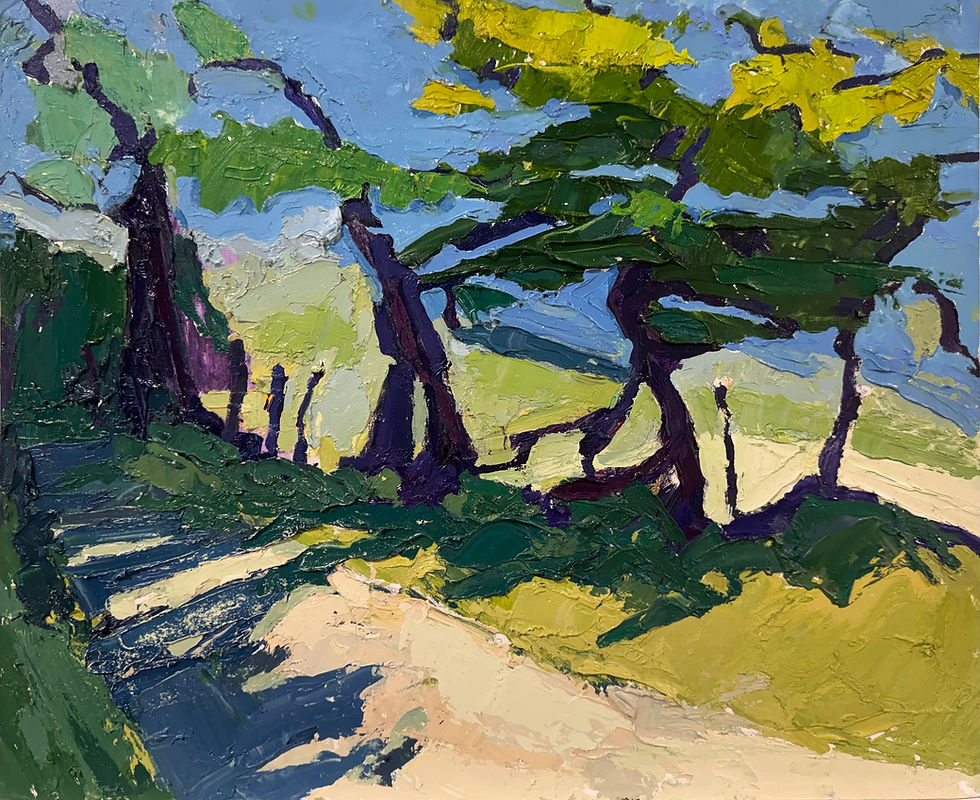 British landscape oil painting showing thick texture, trees, and shadows 