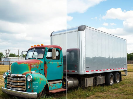 Rusted truck with a pristine aluminum van body