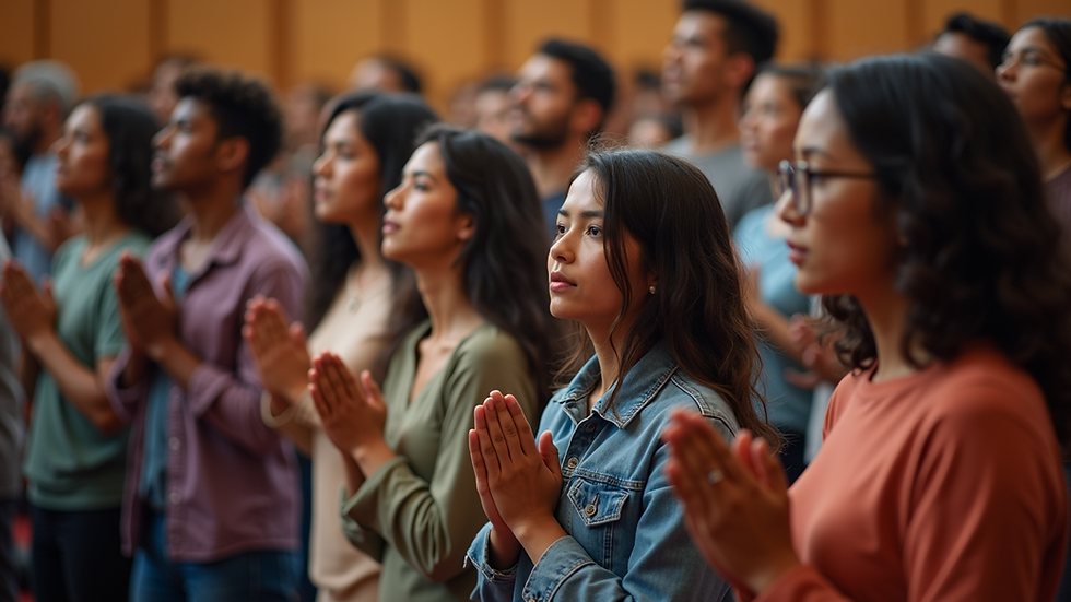 Eye-level view of a diverse group of people engaged in prayer during a community gathering