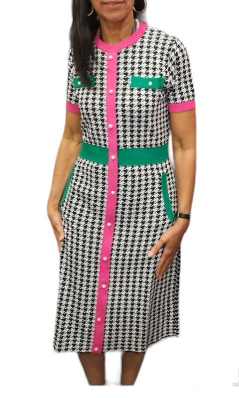 Houndstooth Color Block Dress Pink Green | Jazzi Greeks Houndstooth Color Block Dress Pink Green | Jazzi Greeks