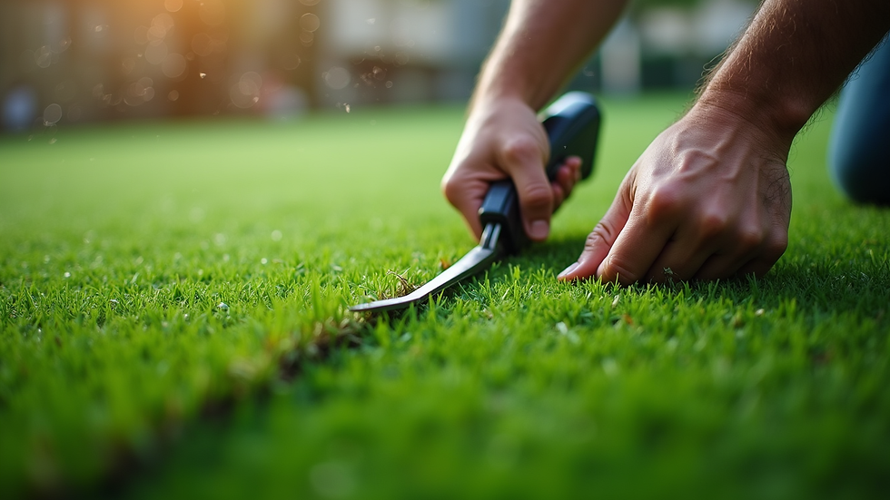 Close-up view of artificial grass being cut and aligned for installation