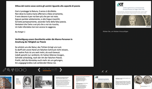 Screenshot einer Powerpoint-Präsentation: Zu sehen ist eine italienische Chat-GPT-Übersetzung eines Ziegler-Gedichts