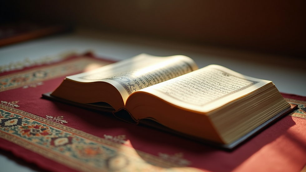 Eye-level view of an open Quran resting on a prayer mat