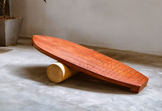 balance board, squa tail, waves, wood carving, sustainable design, mahogany, handmade