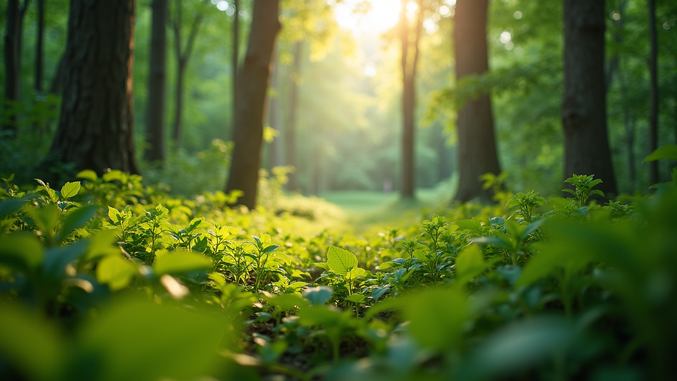 Eye-level view of a lush green forest with sunlight filtering through the trees