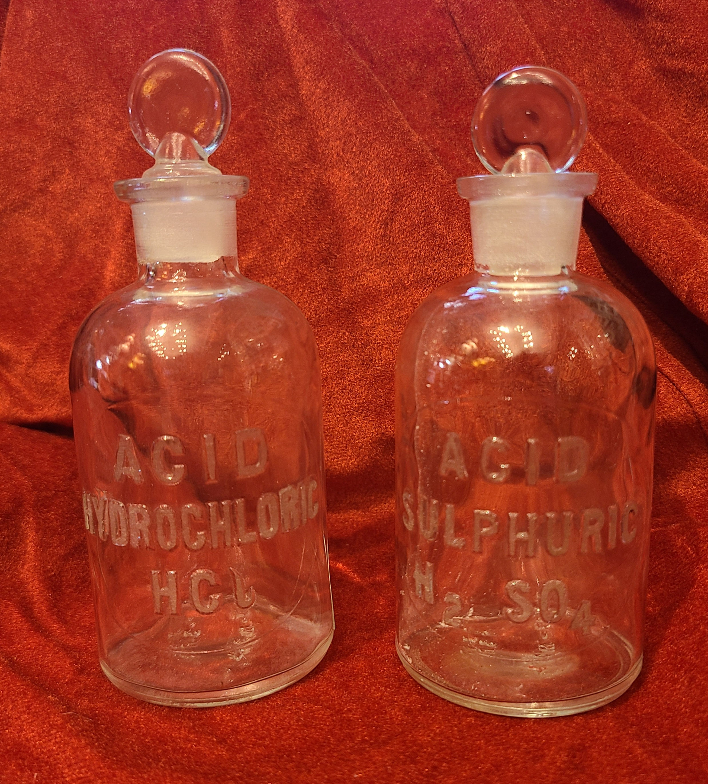 1950's Laboratory Acid Bottles with Stoppers Hydrolchloric and Sulphuric