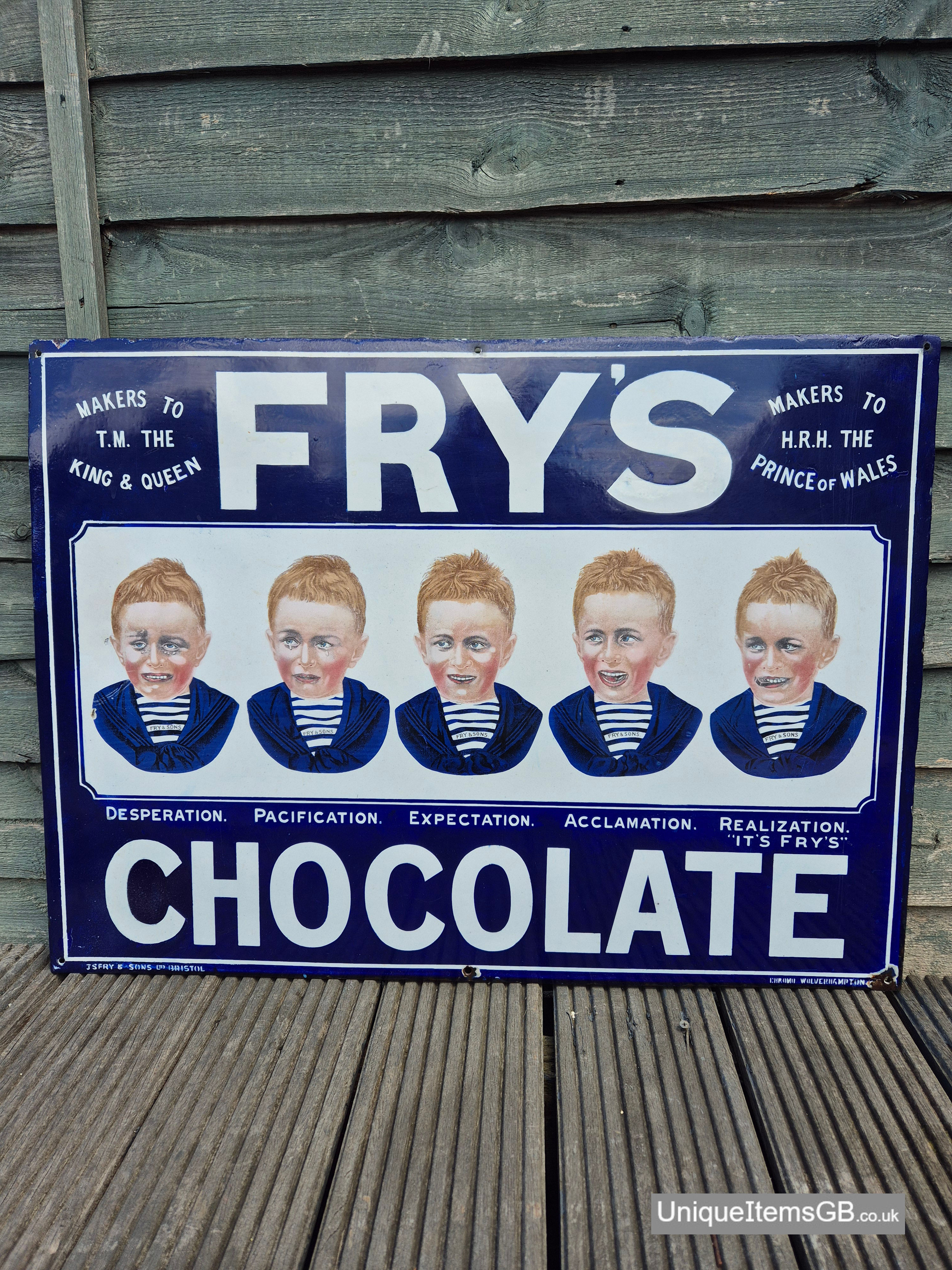 Genuine 1900's Iconic 5 Boys FRY'S CHOCOLATE enamel sign 30" x 22"