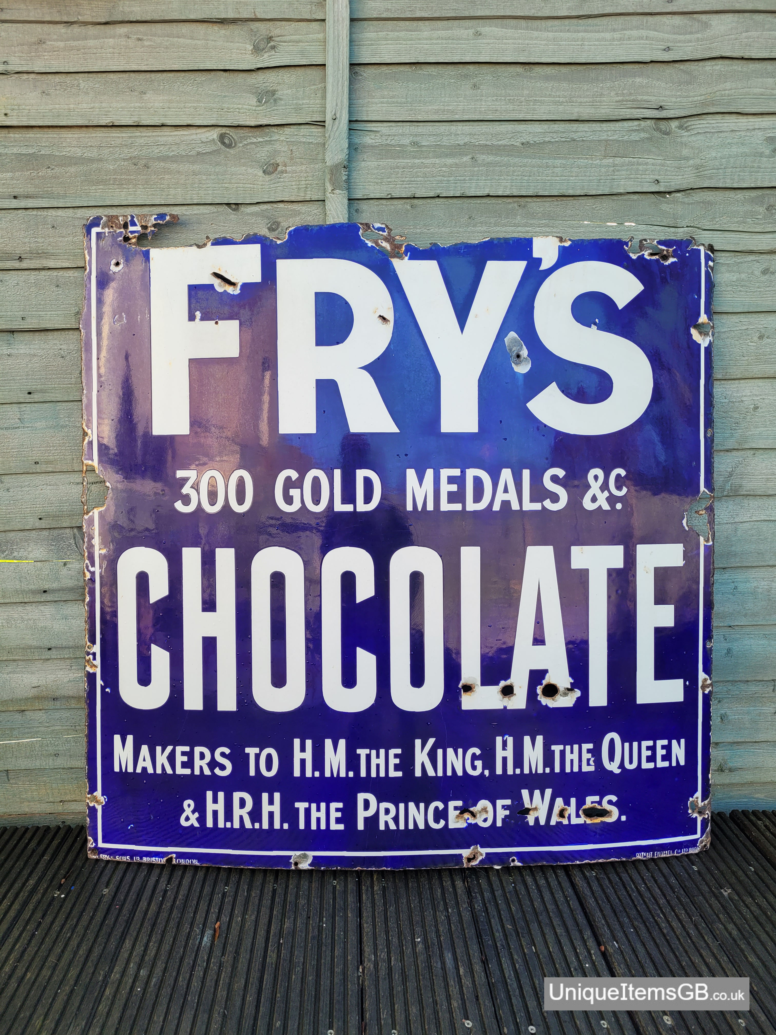 1920's Fry's 300 Gold Medals Chocolate Enamel Sign LARGE 36" x 36"