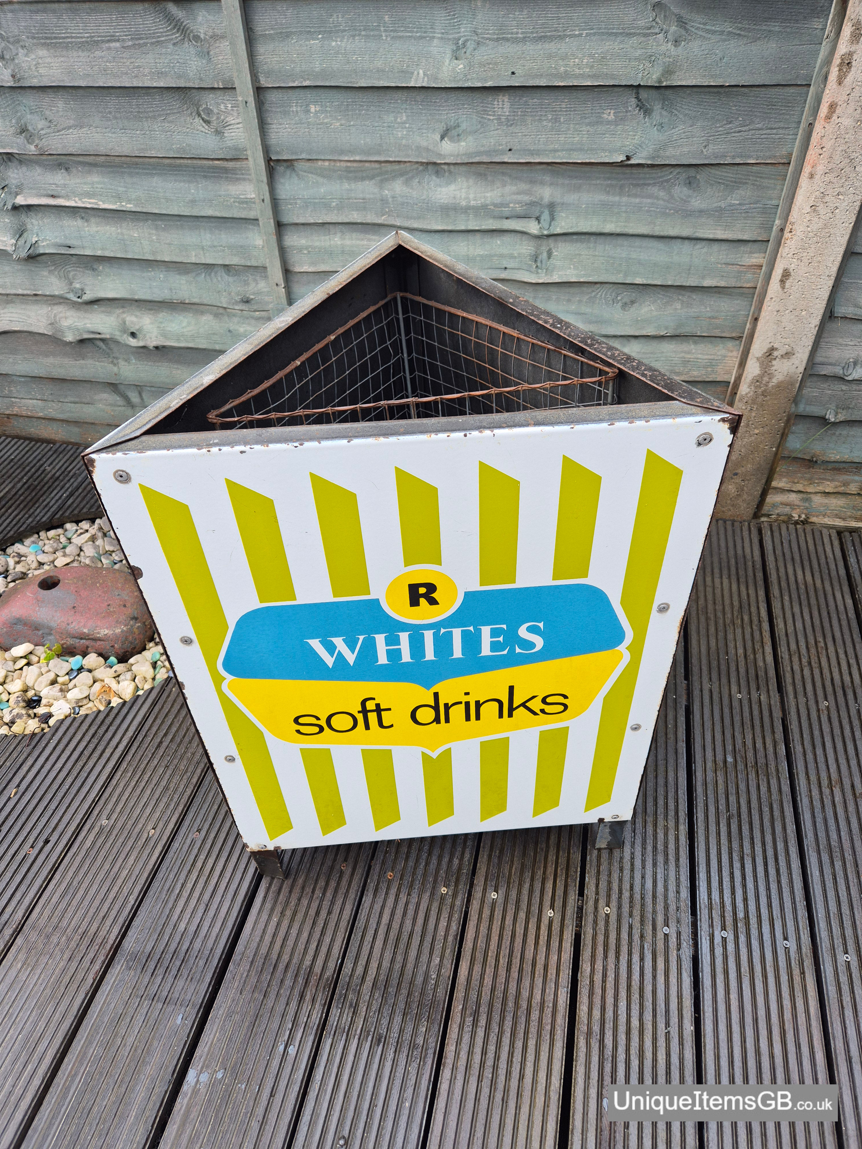 Genuine Triangular Litter Bin with Enamel Signs R. White's Soft Drinks 29"x 22"