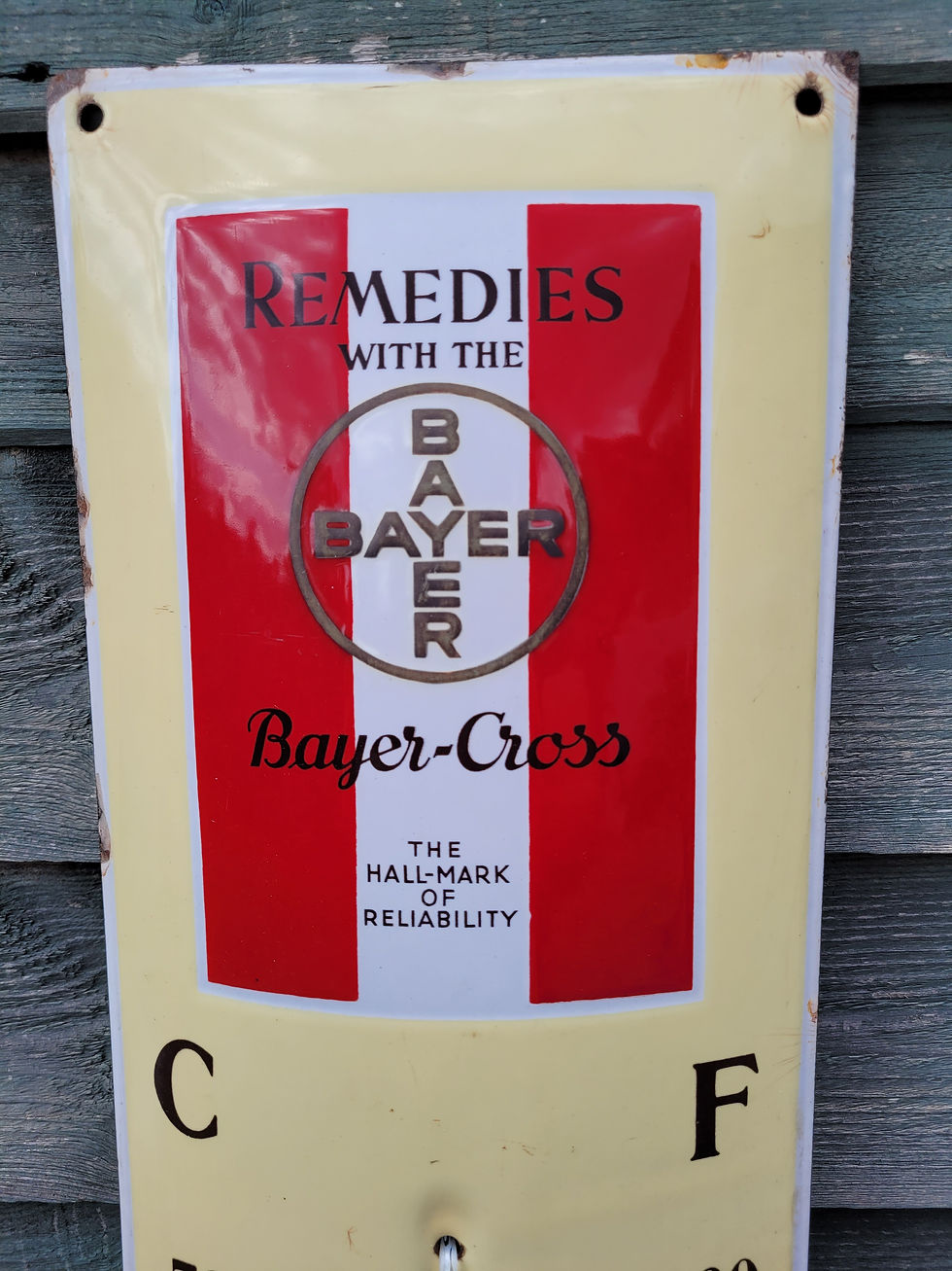 Thumbnail: Genuine Remedies BAYER Advertising Thermometer Enamel Sign 43" x 8"