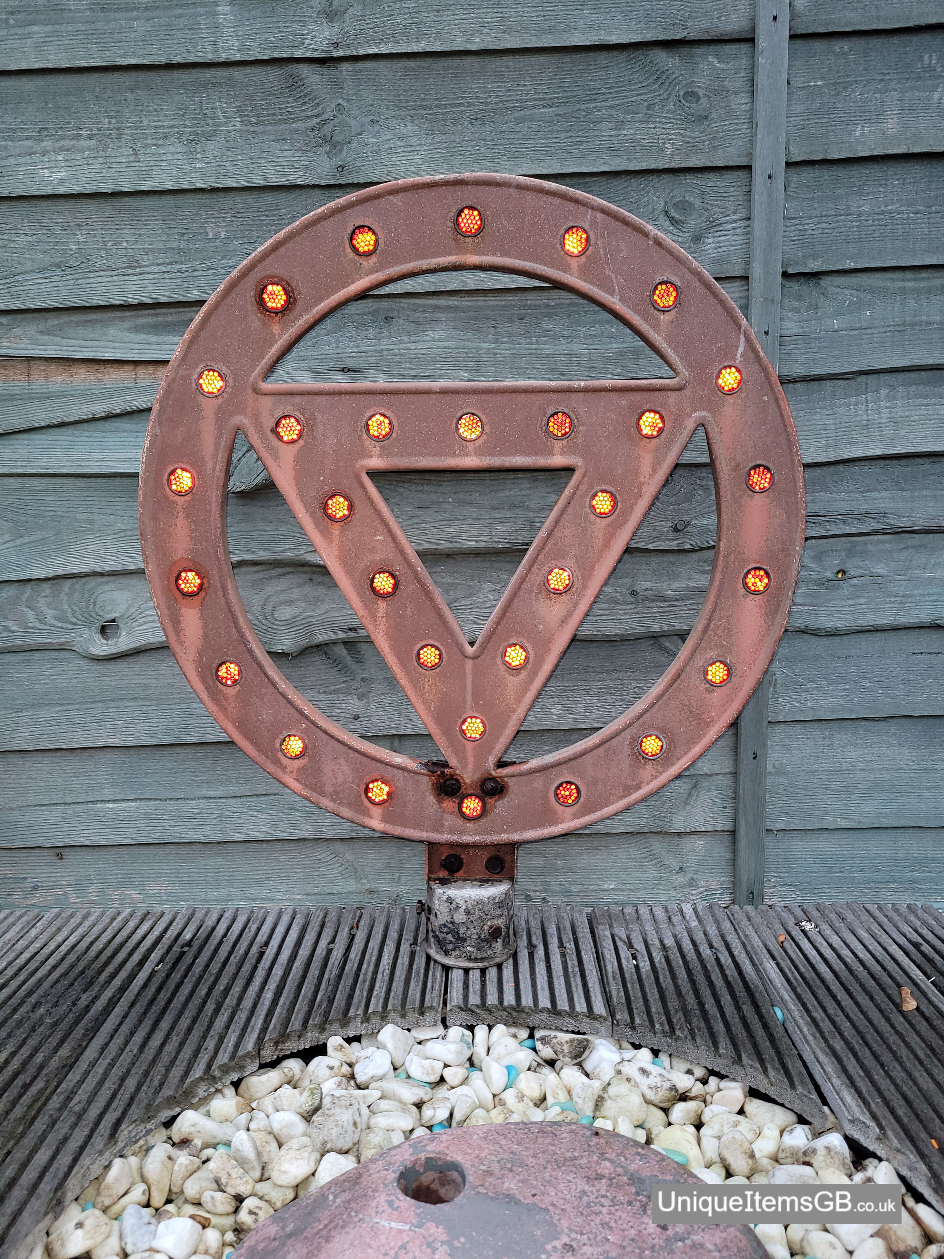 PreWarboys Circle Warning ROAD SIGN with glass reflectors and finial base 24"DIA