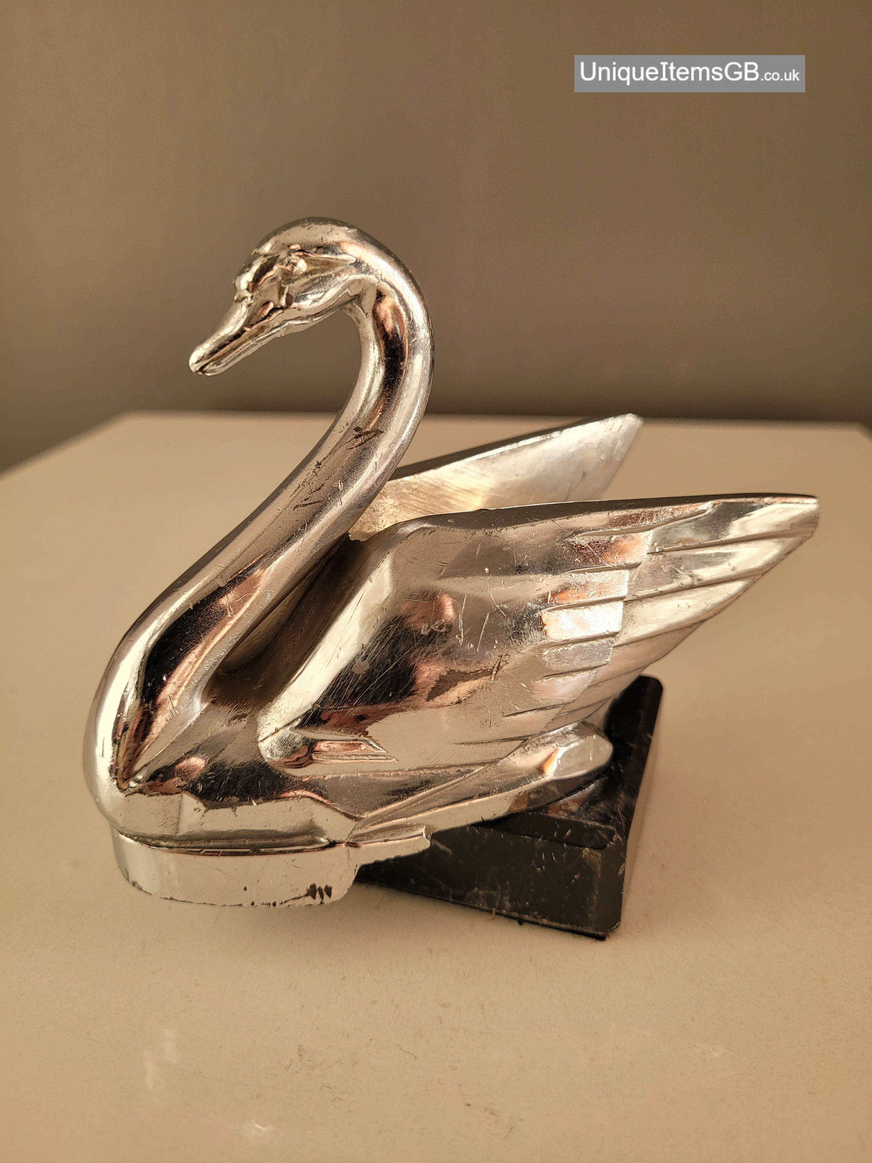 Vintage Chrome Plated Depose Swan Car Mascot Hood Ornament on Marble Base