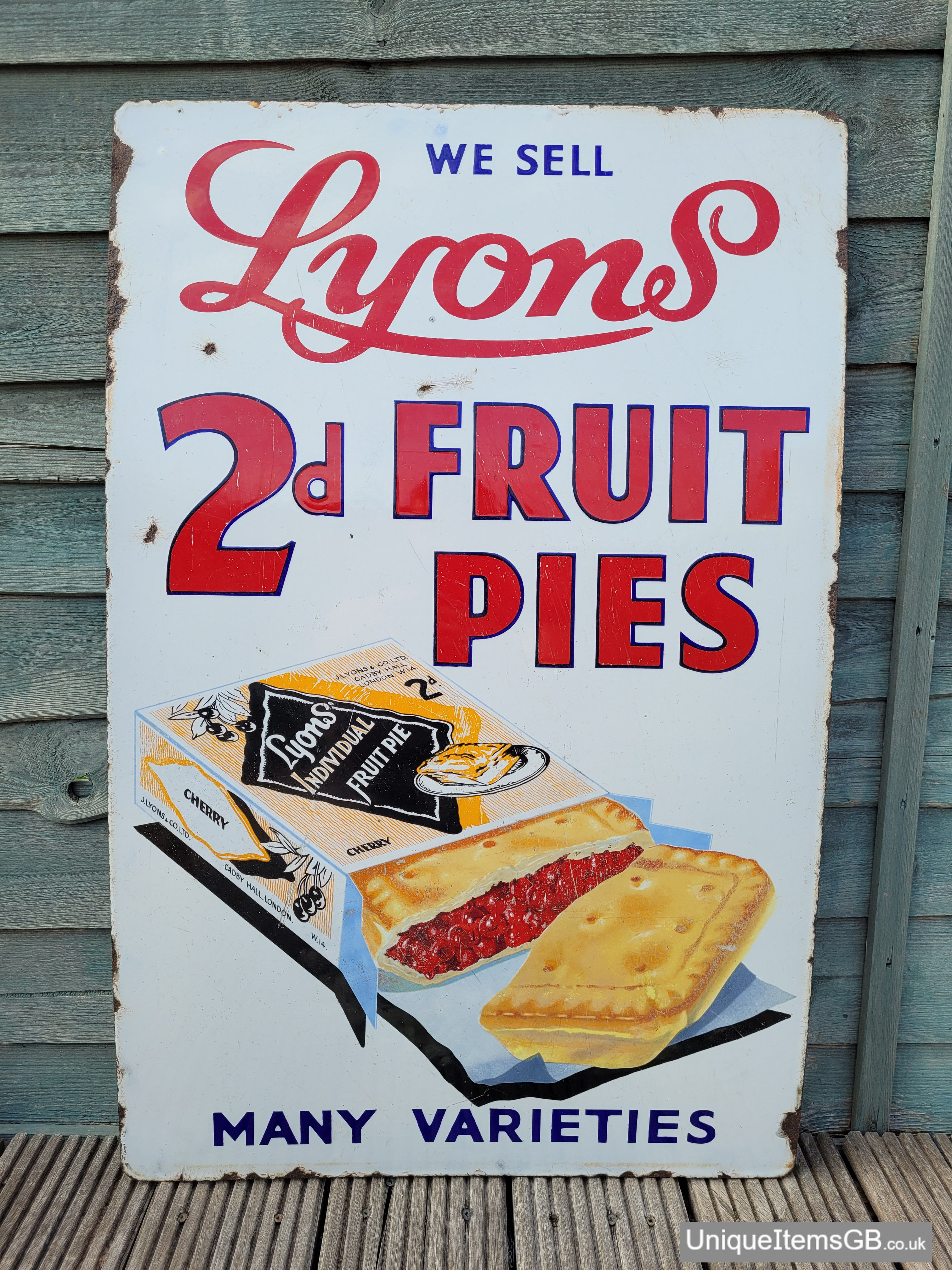 1930's Lyons 2d Fruit Pies Enamel Sign Advertising 34.5" x 22.3"