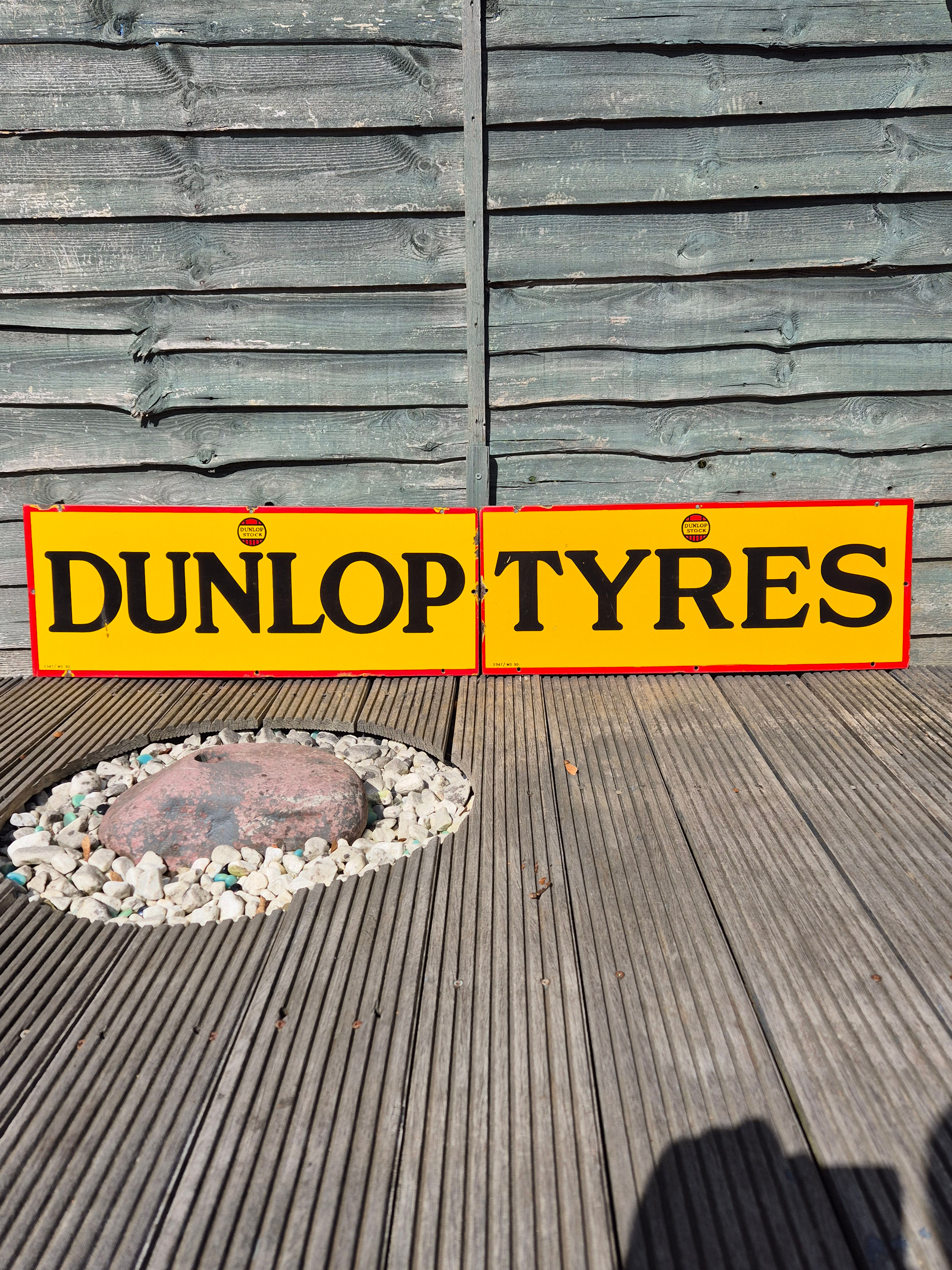 Genuine 1930s 2 part DUNLOP TYRES porcelain/enamel sign 30"x11.5" and 29" 11.5"