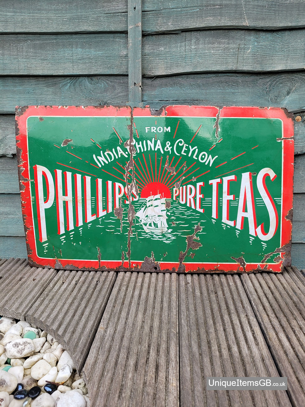 Genuine Early PHILLIPS PURE TEAS Enamel Sign Advertising Sign 25" x 15"
