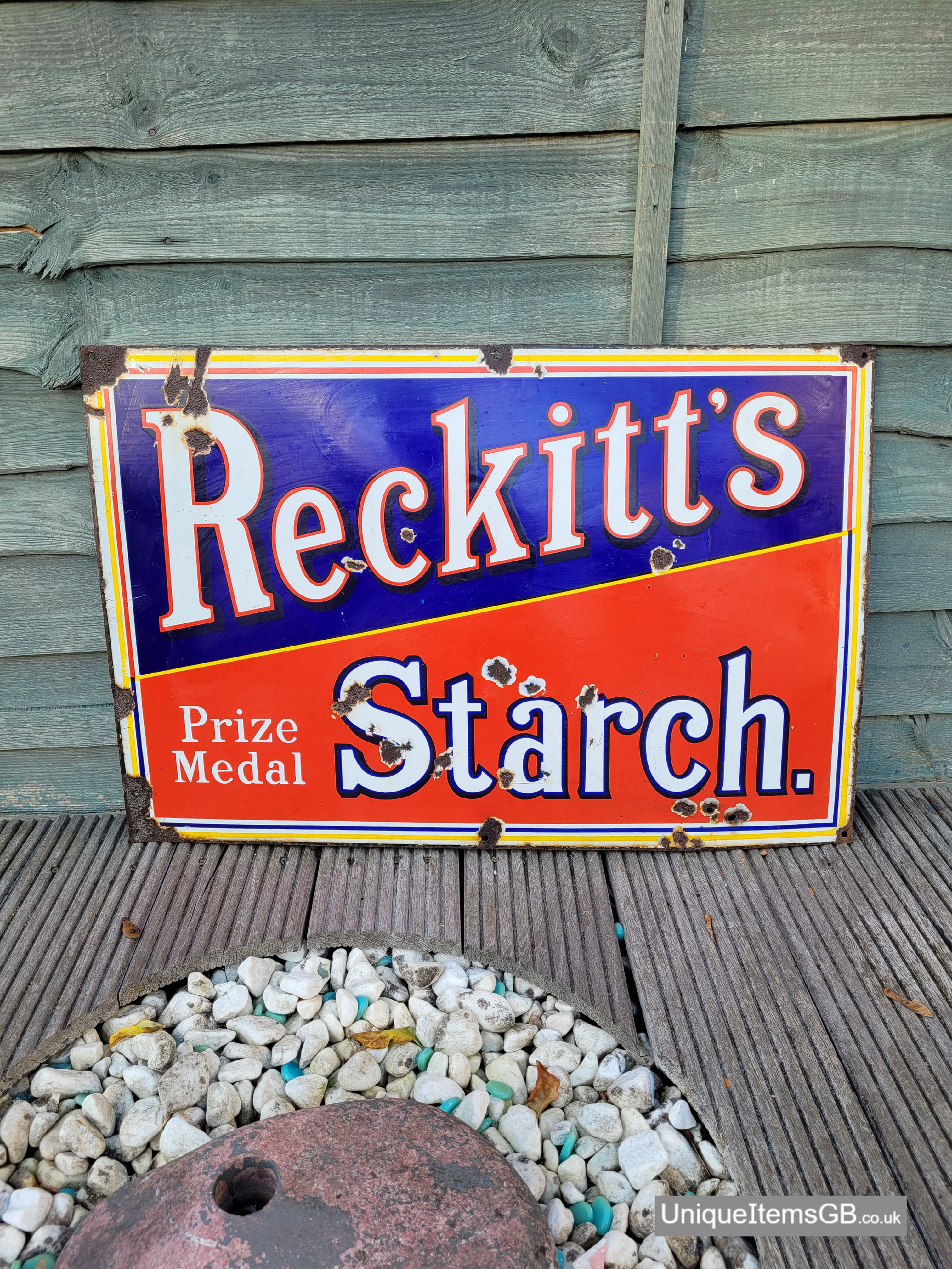 Early RECKITTS Prize Medal Starch Enamel Sign Advertising 30" x 20"