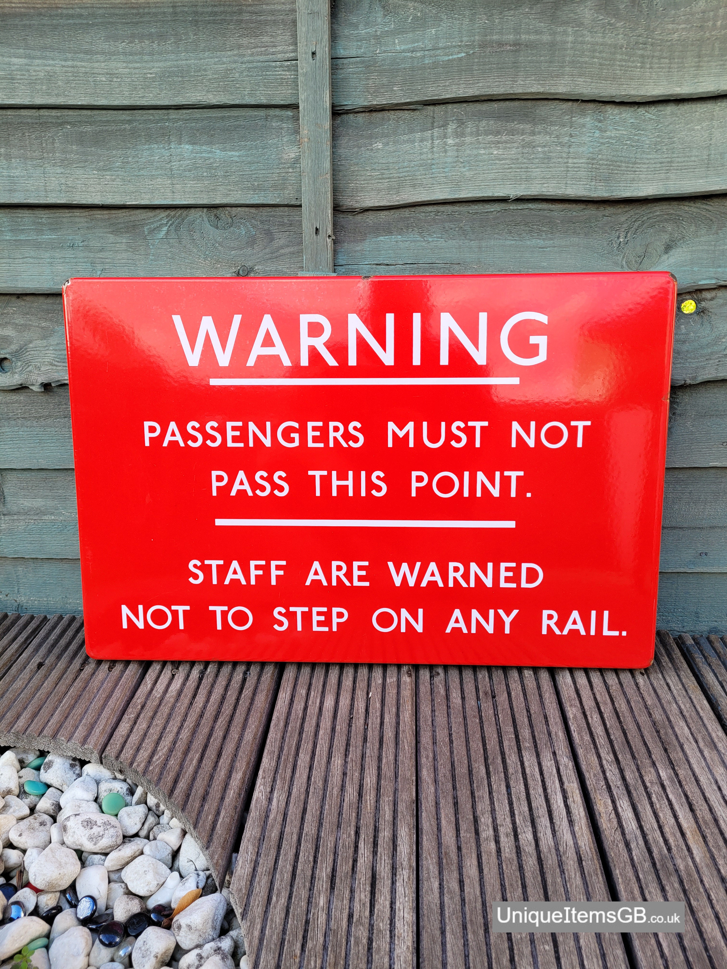 Early British Railway WARNING PASSENGERS MUST NOT PASS Enamel Sign 24" x 16"