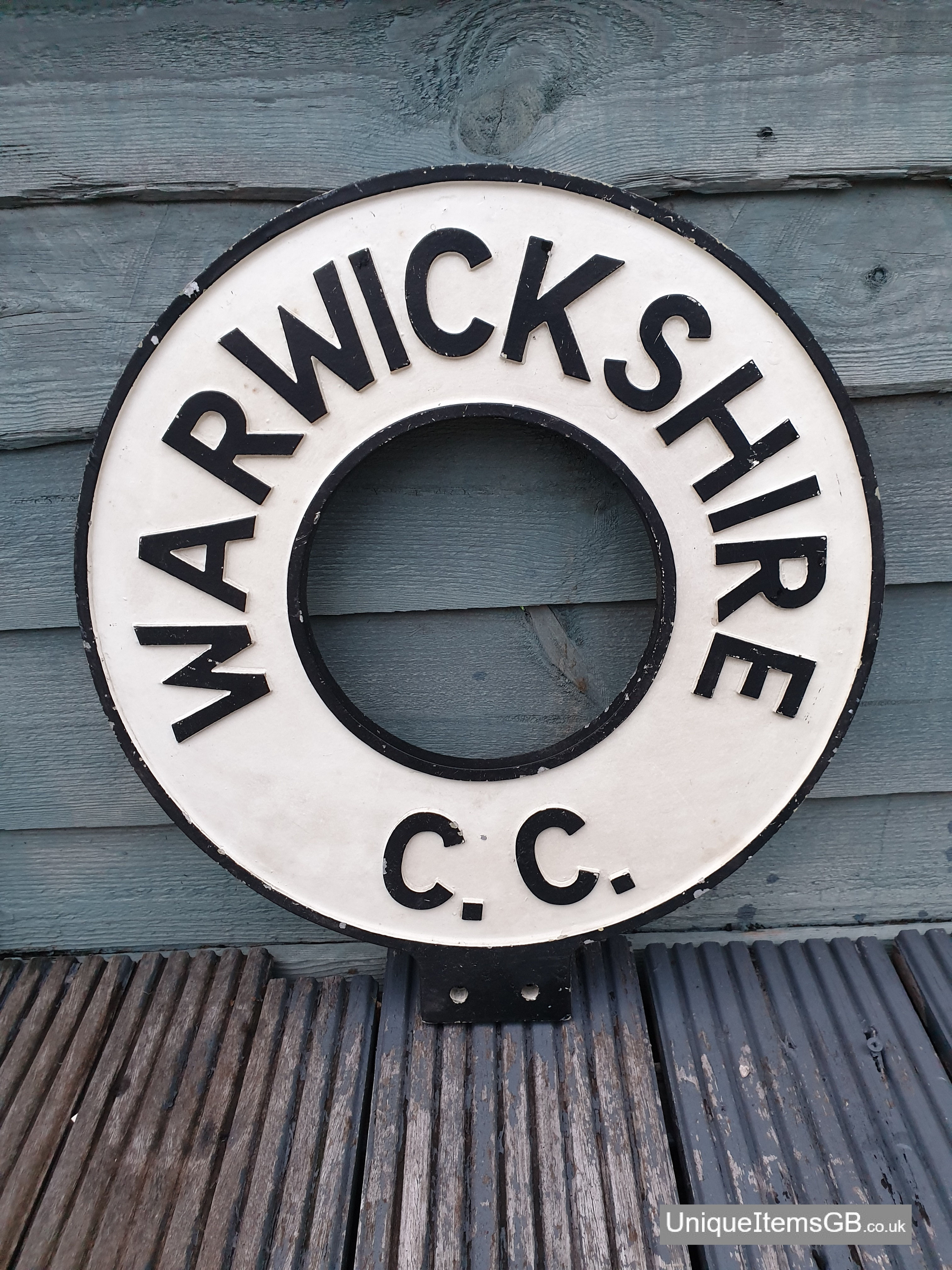 Early Genuine Warwickshire C.C. Double Sided Circle Finger Post Road Sign 15"DIA