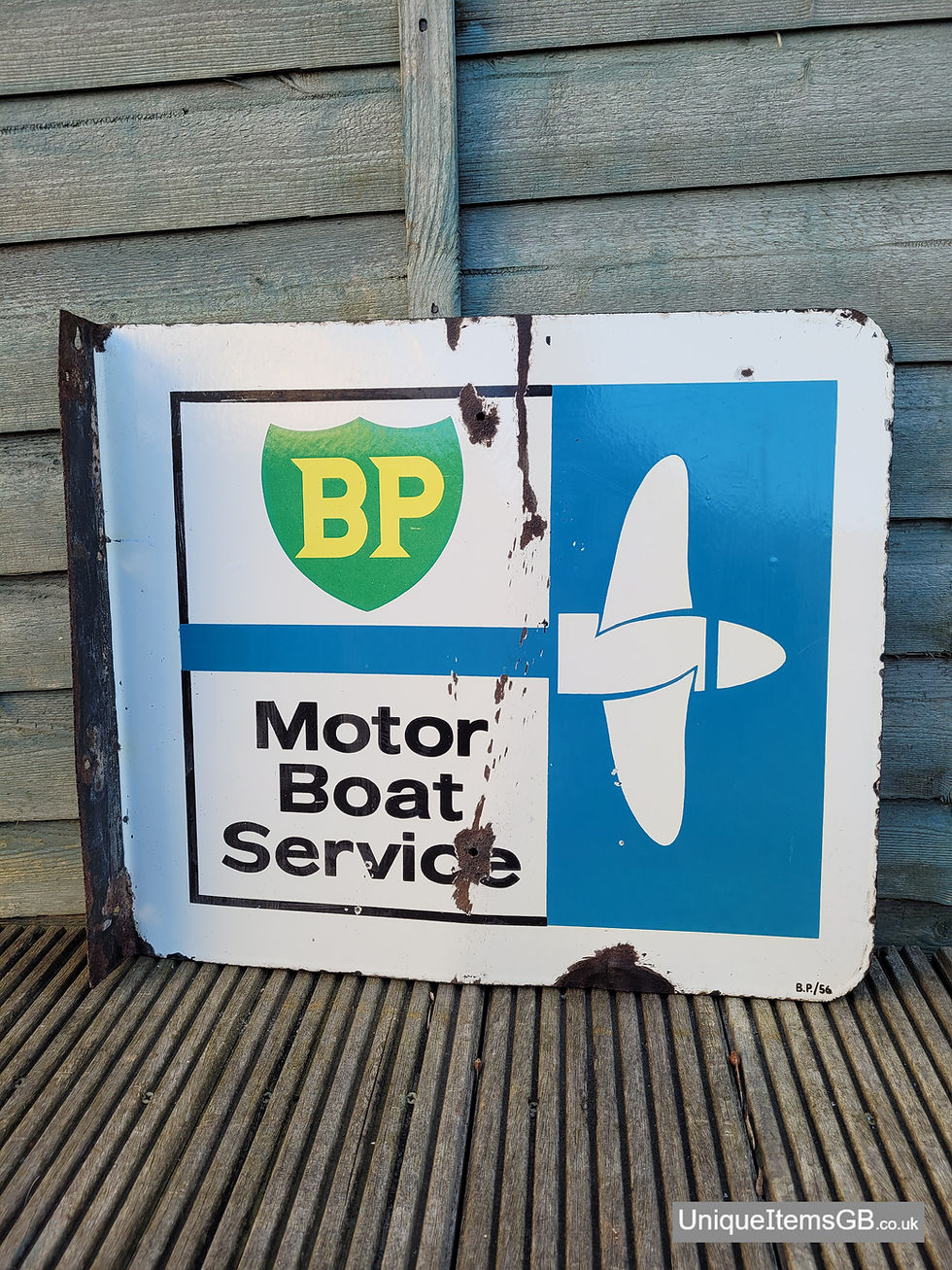Thumbnail: Super Rare Flange Double Sided 1956 BP Motor Boat Service Enamel Sign 19"x16.5"