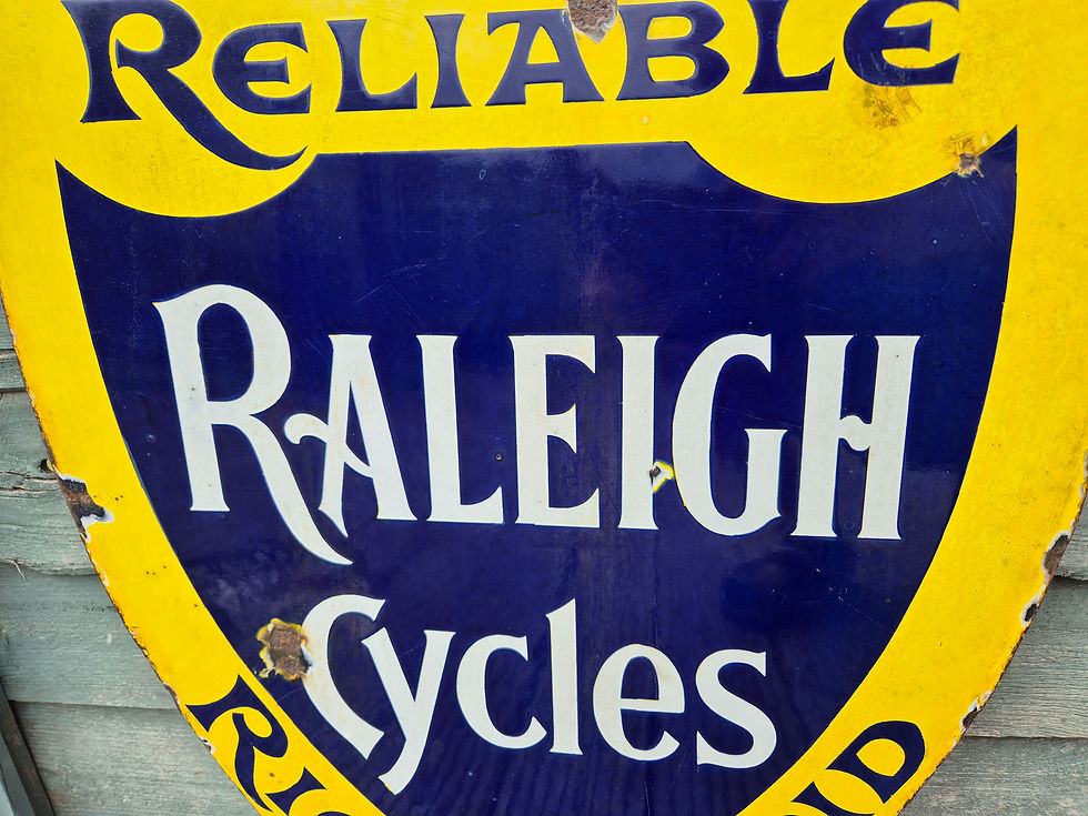 Thumbnail: Early Genuine Double Sided RALEIGH CYCLES Enamel Sign Shield 23" x 18"