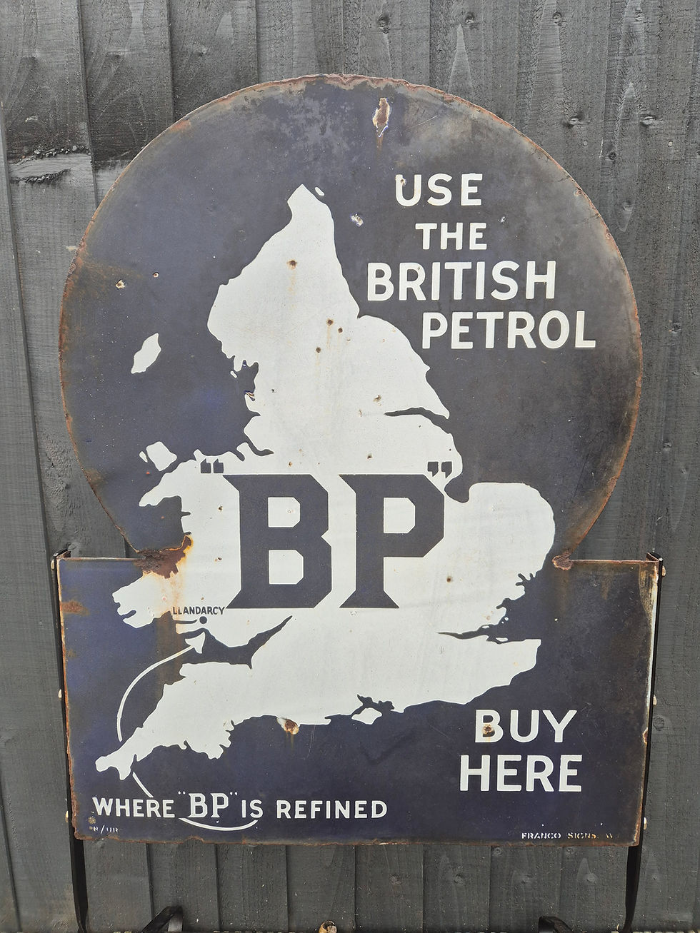 Thumbnail: 1940s Double Sided BP BUY HERE porcelain/enamel sign with CAN STAND 42” x 22”
