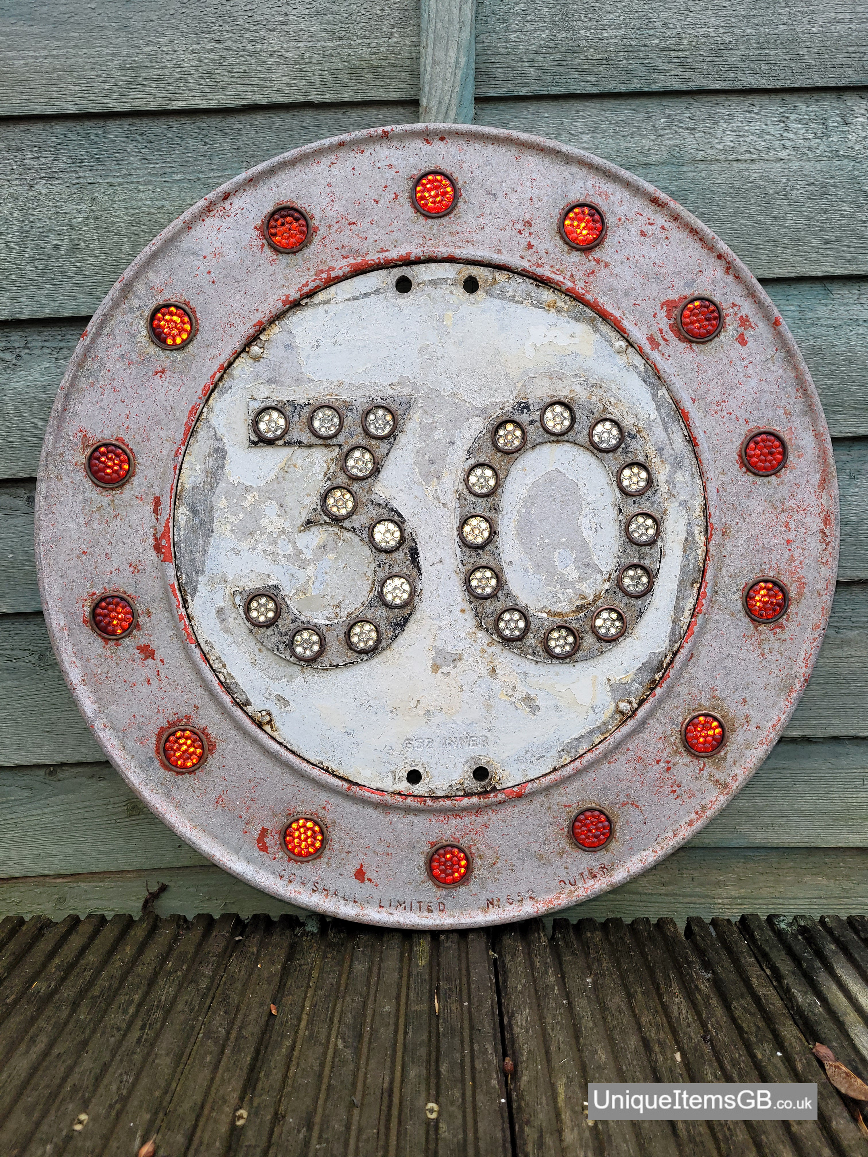 Pre-Warboys 30MPH ROAD SIGN with glass reflectors by Gowshall 18inch