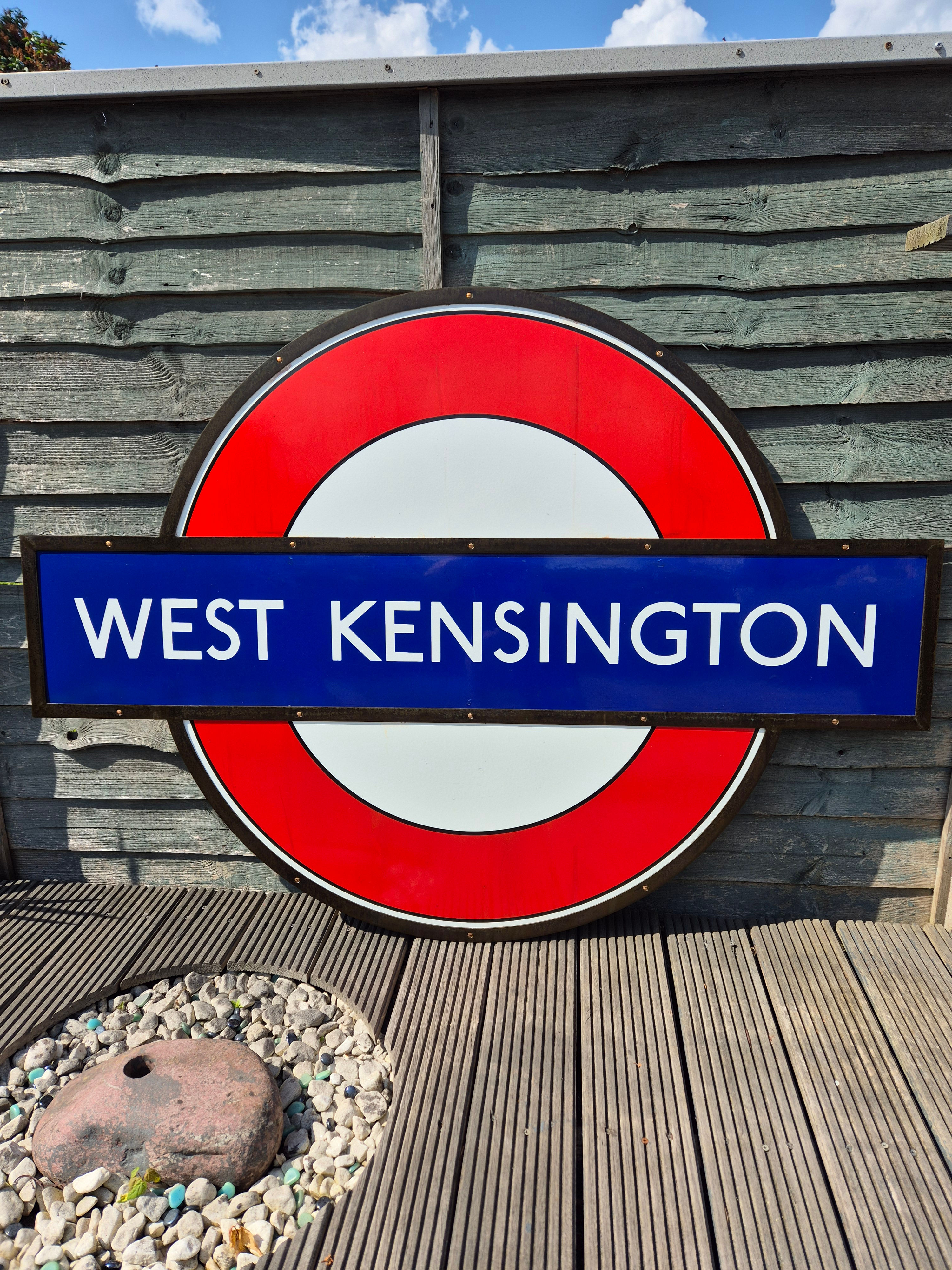 Early London Underground WEST KENSINGTON 60" Roundel Enamel Sign Framed
