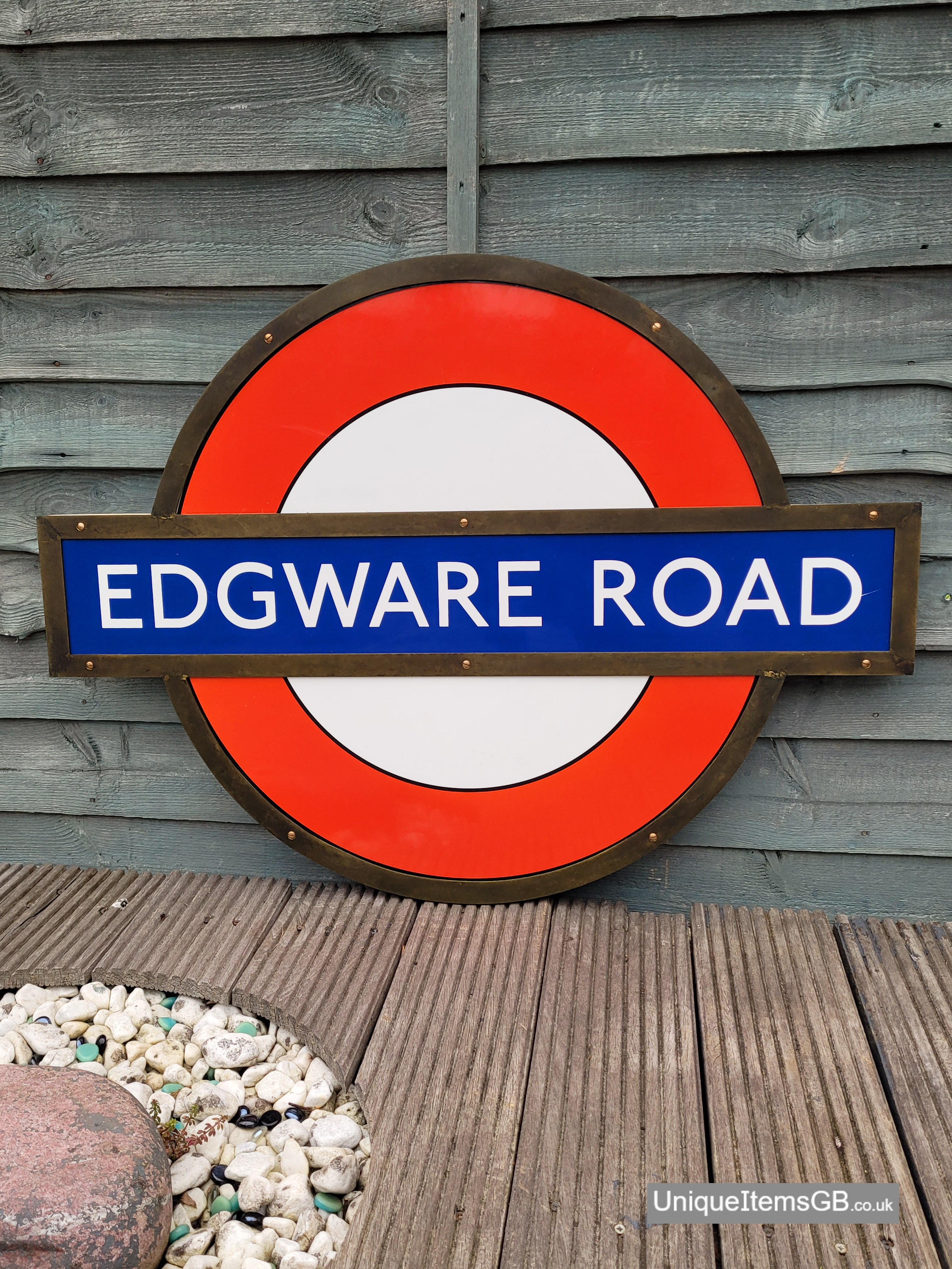 Early London Underground EDGWARE ROAD 36" Roundel Enamel Sign Brass Bronze Frame