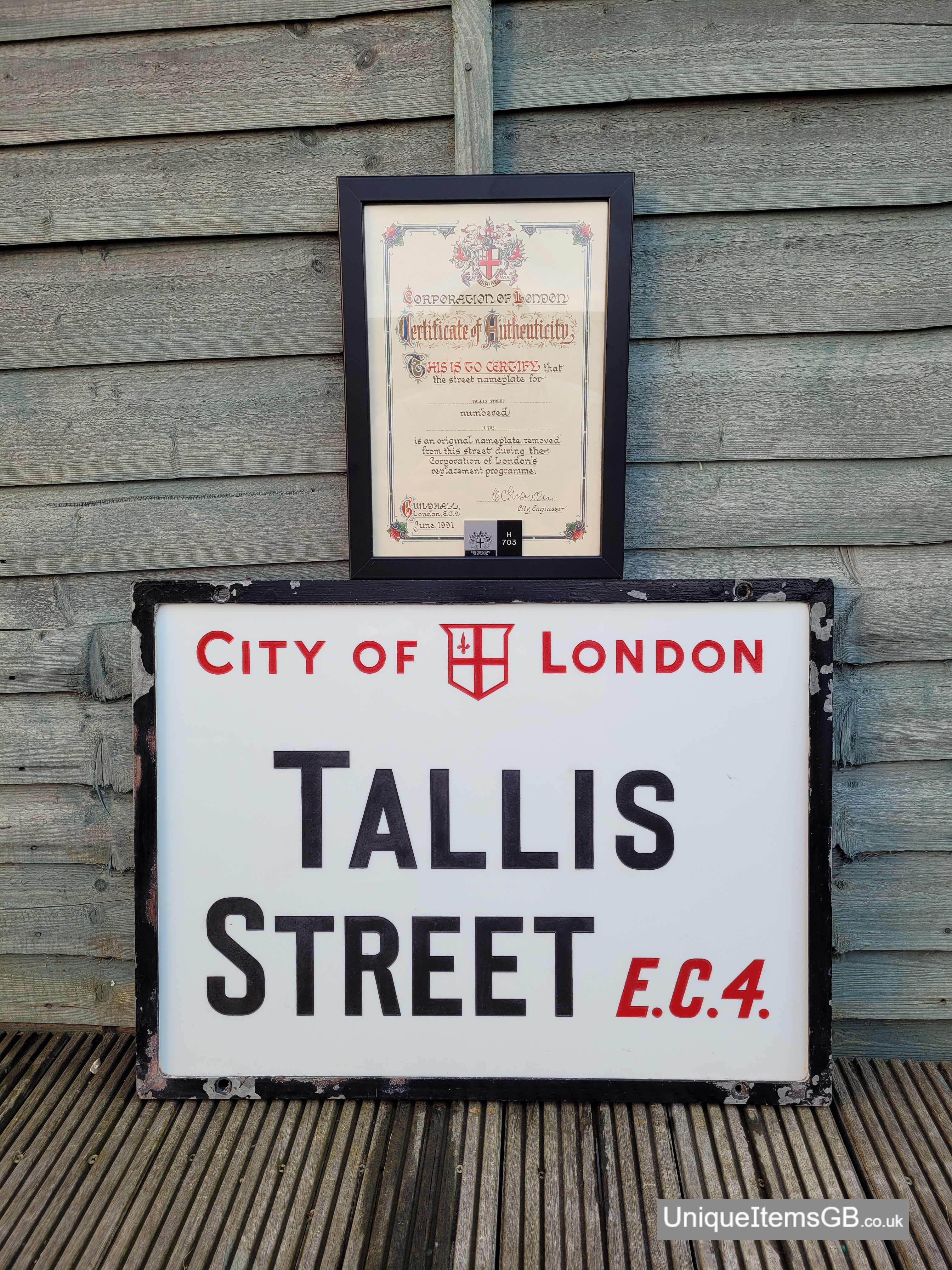 Genuine 1910's City of London Tallis Street E.C.4. Opal Glass Street Sign + COA