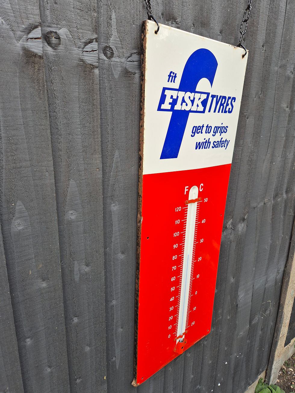 Thumbnail: Early Genuine FISK TYRES Thermometer Enamel Sign TAC LABEL 36" x 13"