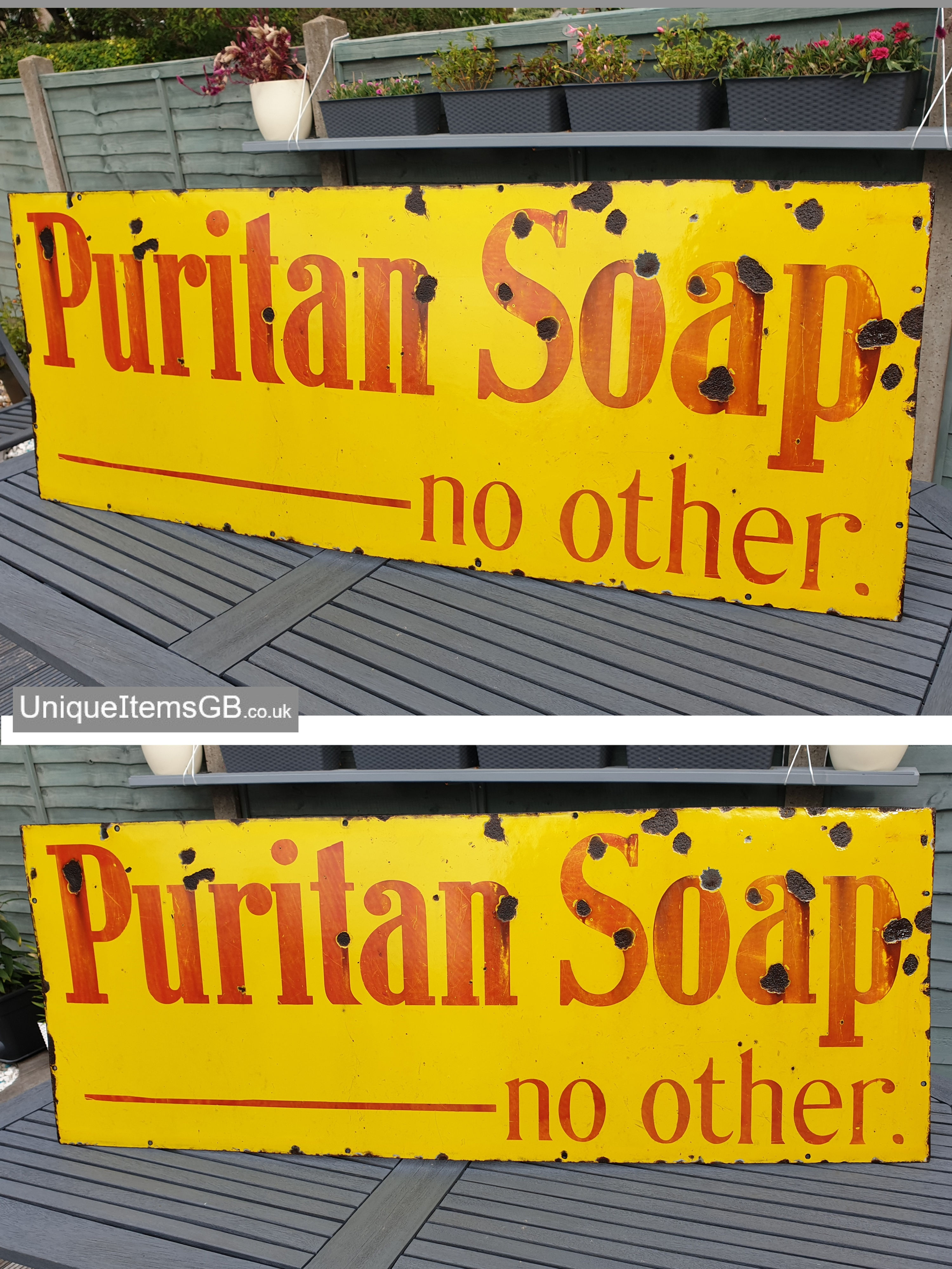 Early PURITAN SOAP no other Enamel Sign Large 48" x 18.5"