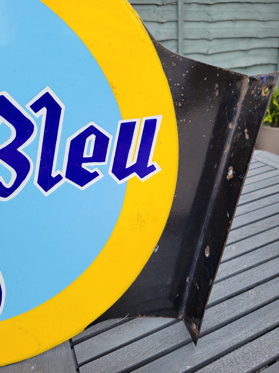 Thumbnail: Genuine Original Flange Double Sided Radio Point Bleu Enamel Sign 21.5"x19"