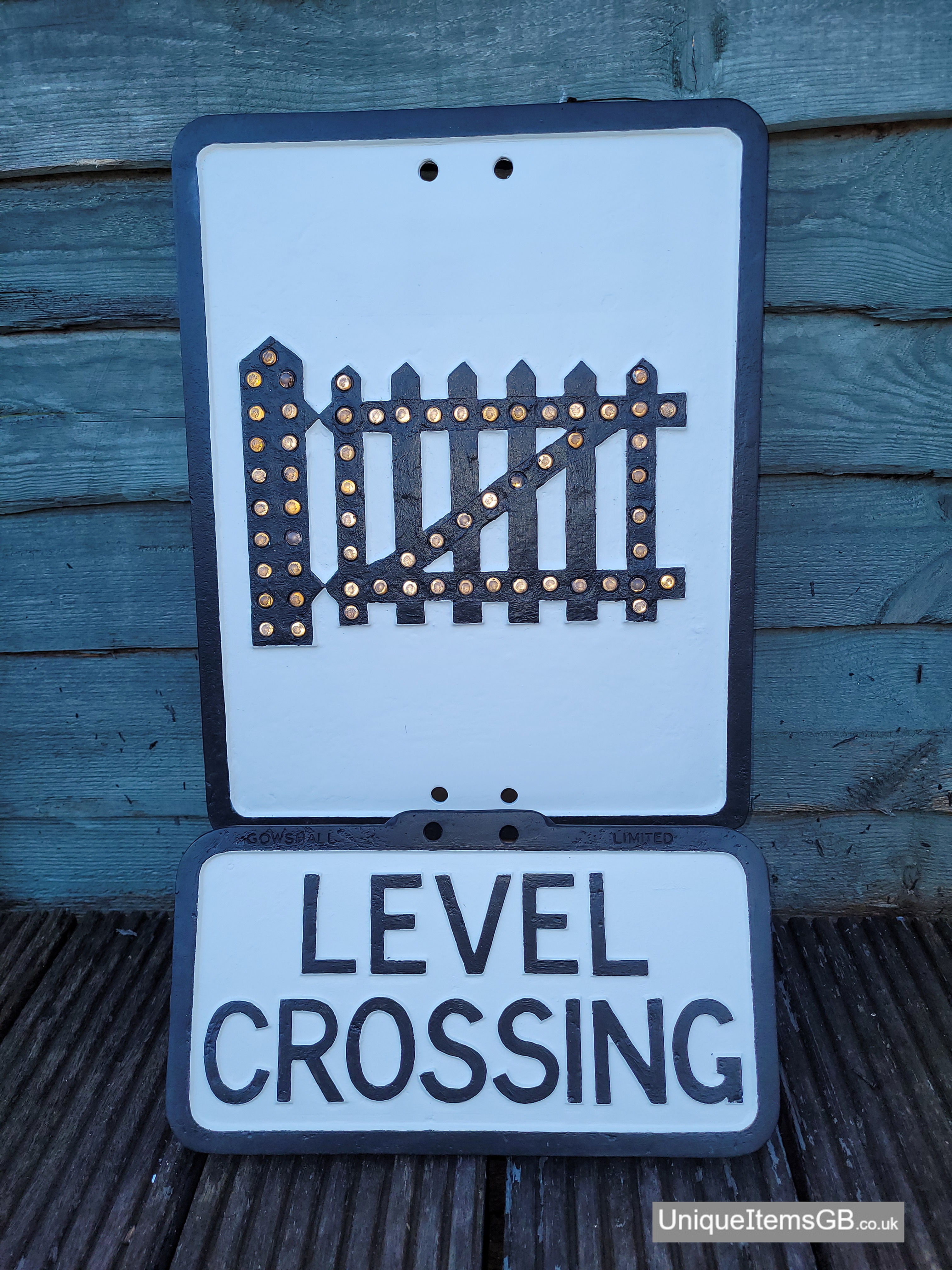 Pre-Warboys LEVEL CROSSING ROAD SIGN with Glass Reflectors by GOWSHALL 22"x12"