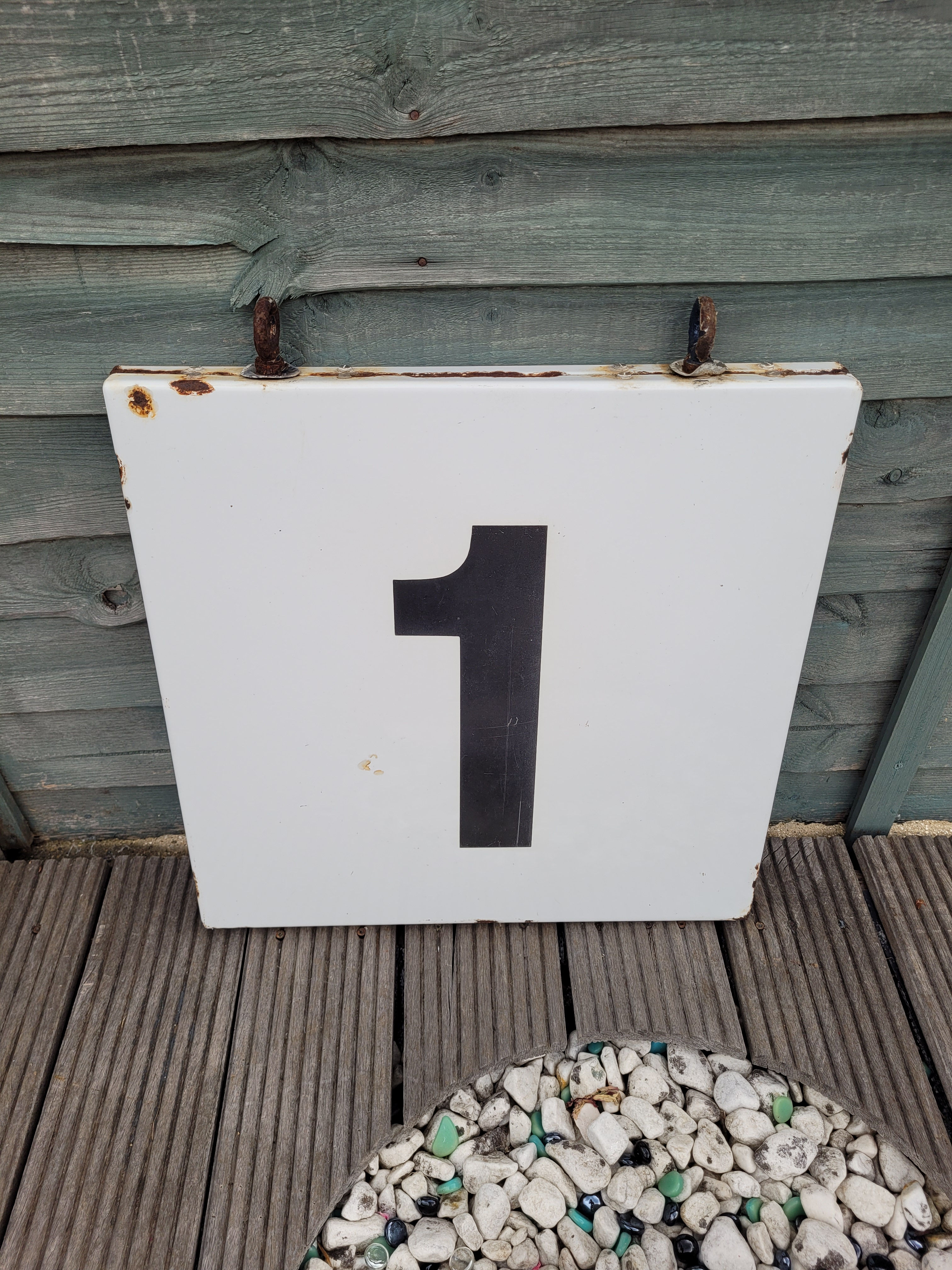 Early Railway double sided PLATFORM 1 Enamel Sign with hanging eyelets 20" x 20"