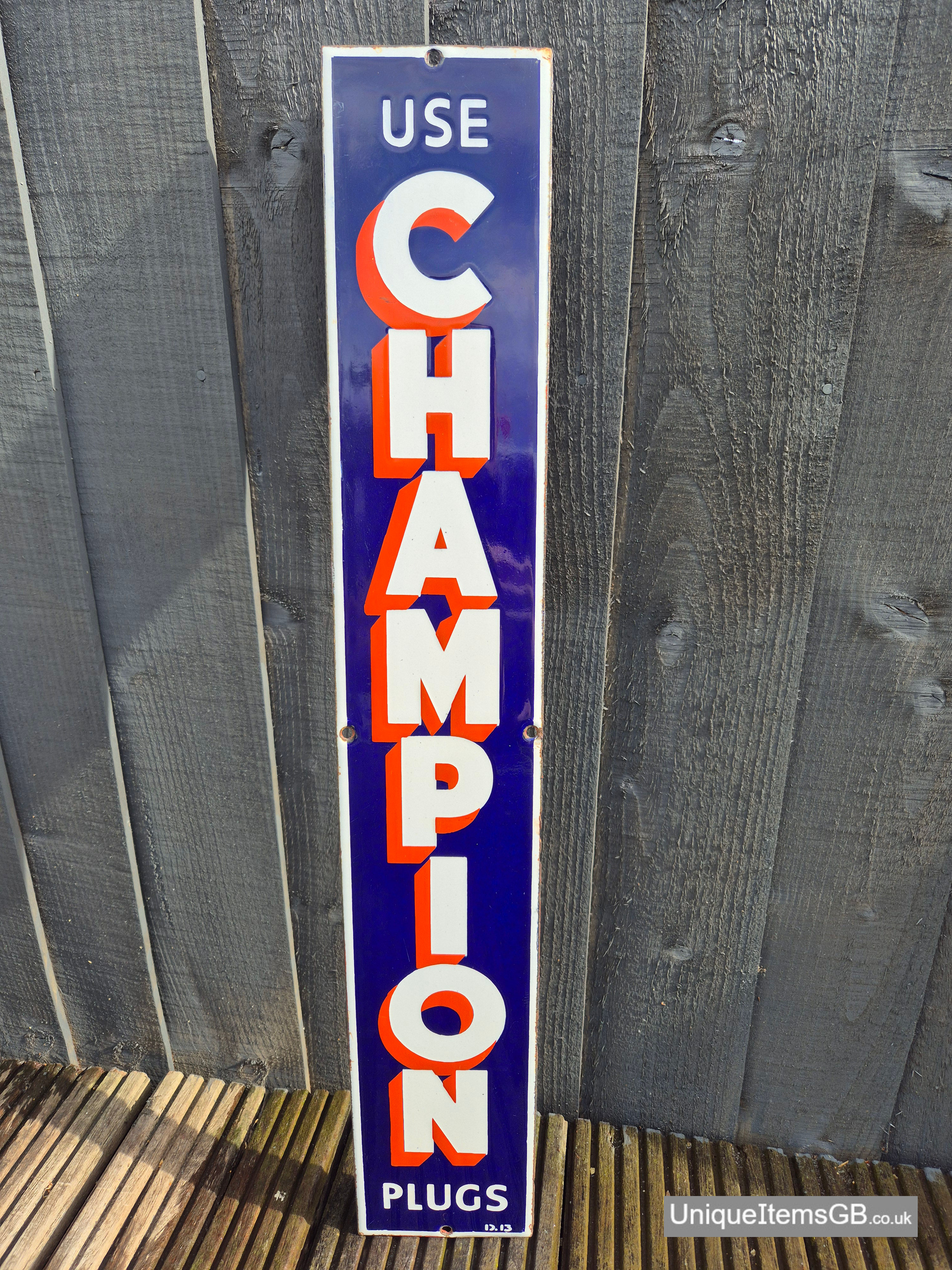 1913 USE CHAMPION Enamel Sign NEAR MINT 23.5" x 4"