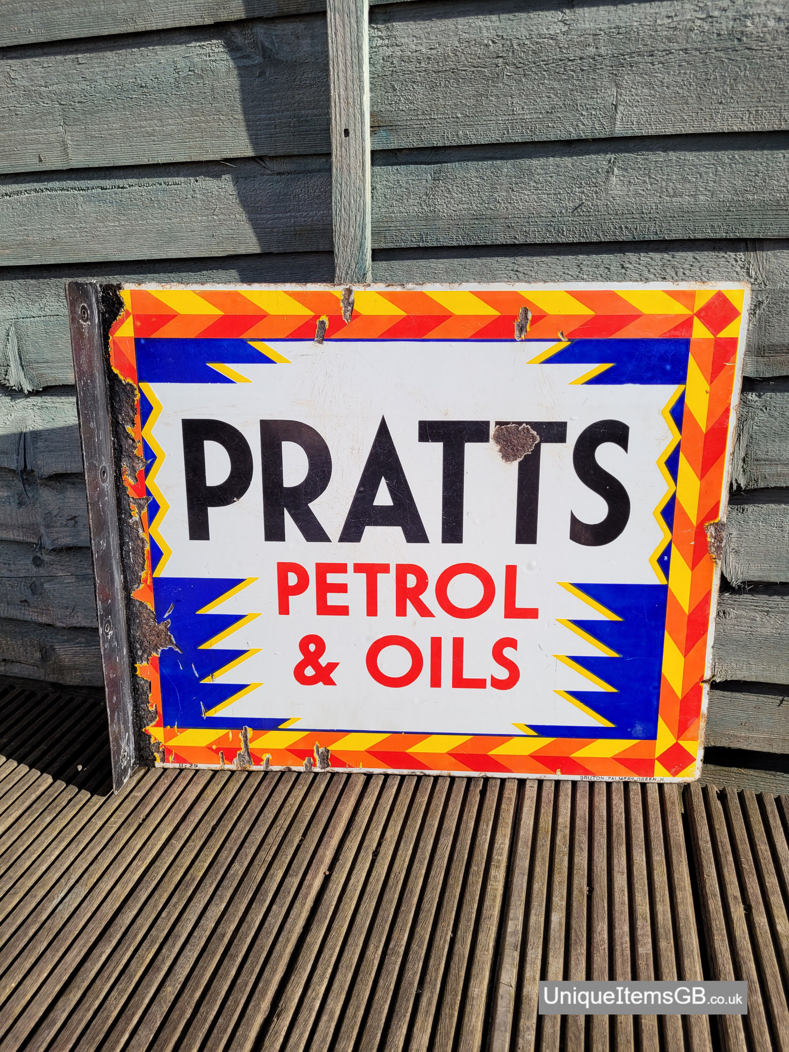 Flange Double Sided 1929 PRATTS Petrol & Oil Enamel Sign 22" x 18"