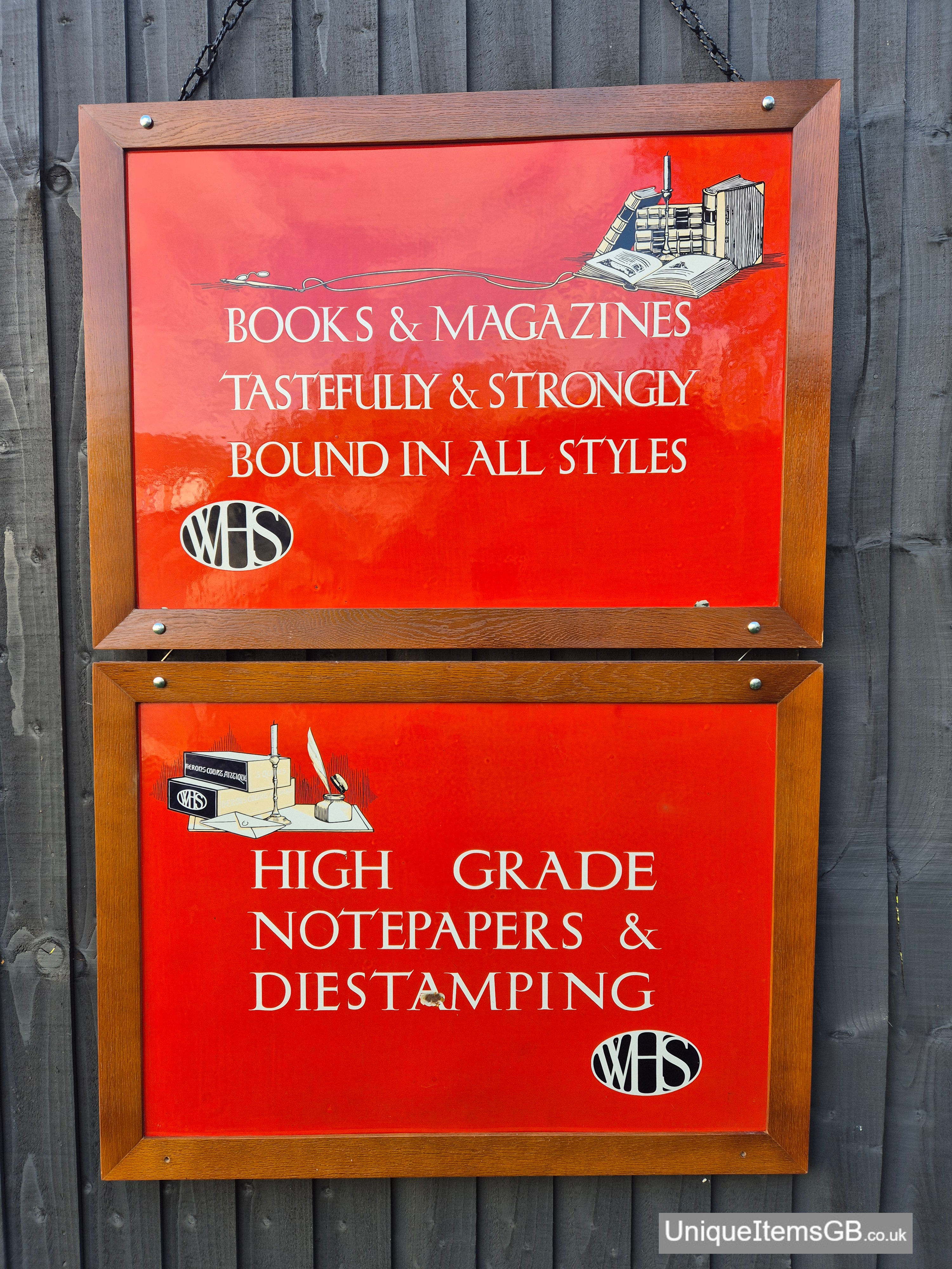 Lot of 2 W.H.Smith Pictorial Enamel Signs in Oak Frames 33.5” x 24.5”