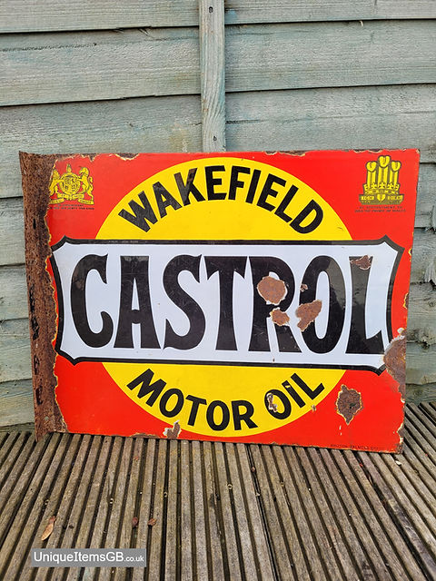 1920's Flange Double Sided CASTROL WAKEFIELD Motor Oil Enamel Sign