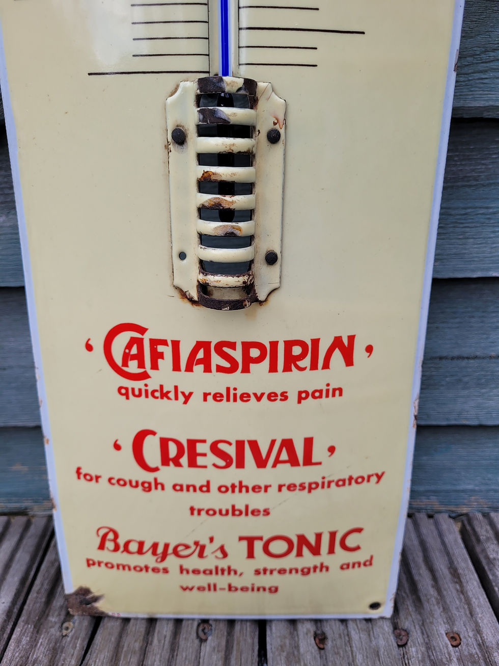 Thumbnail: Genuine Remedies BAYER Advertising Thermometer Enamel Sign 43" x 8"