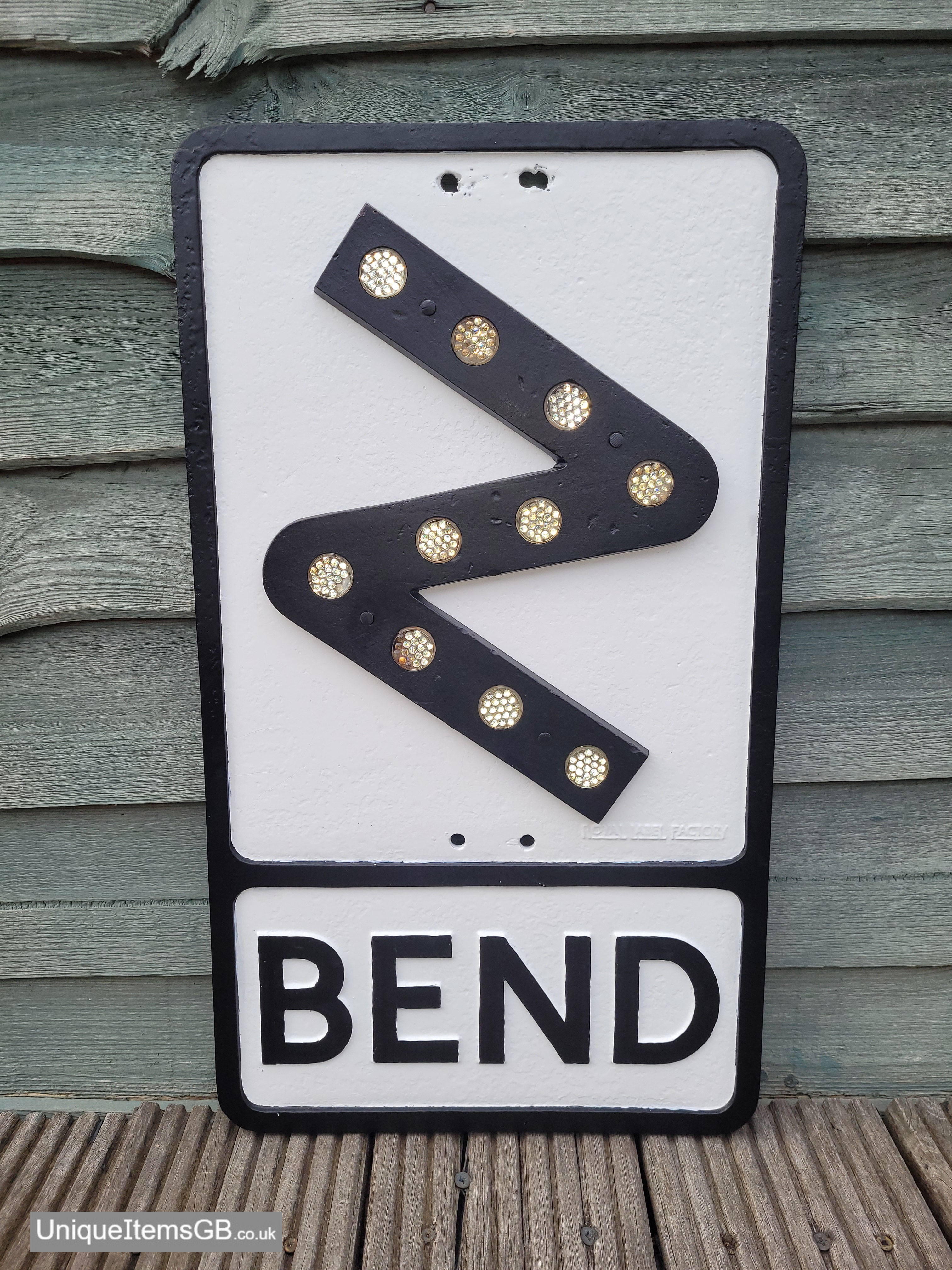 PREWARBOYS OLD ROAD SIGN BEND BY ROYAL LABEL FACTORY WITH FRUIT GLASS REFLECTORS