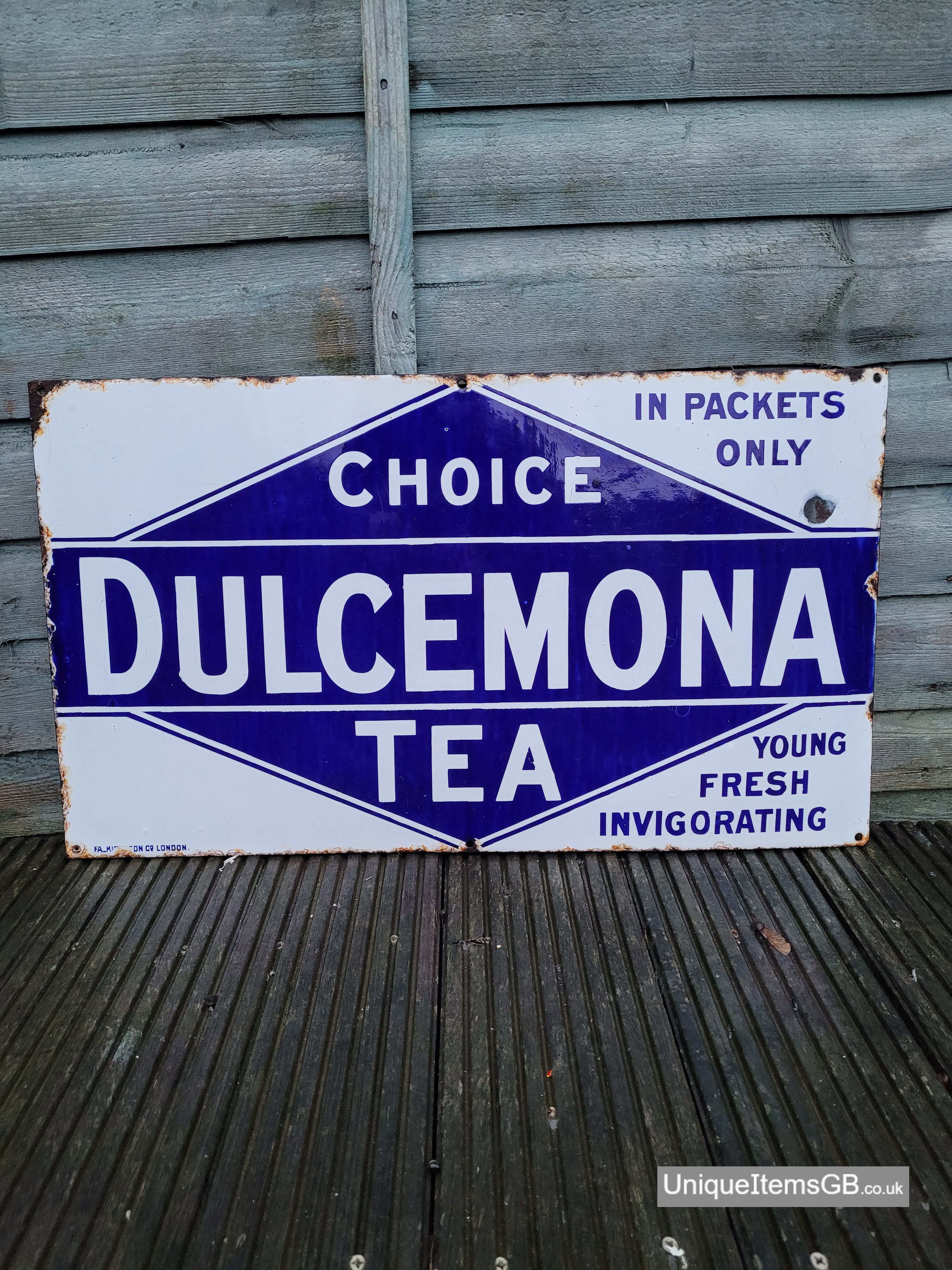 Genuine Early Dulcemona Tea Enamel Sign Advertising 26" x 15"