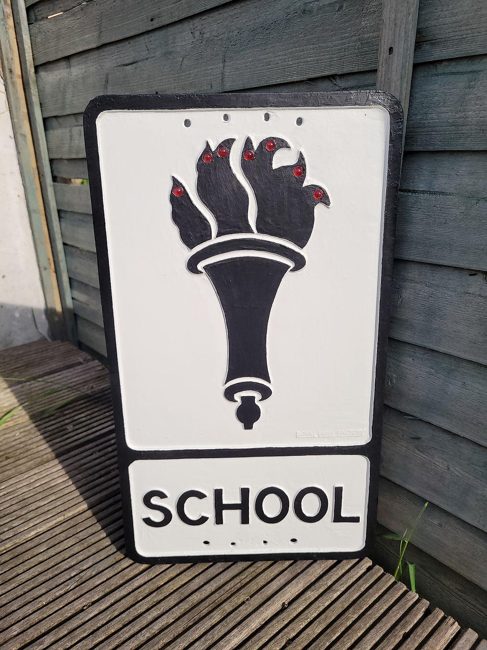 Thumbnail: Early SCHOOL Road sign with Glass Reflectors by ROYAL LABEL FACTORY 21" x 12"