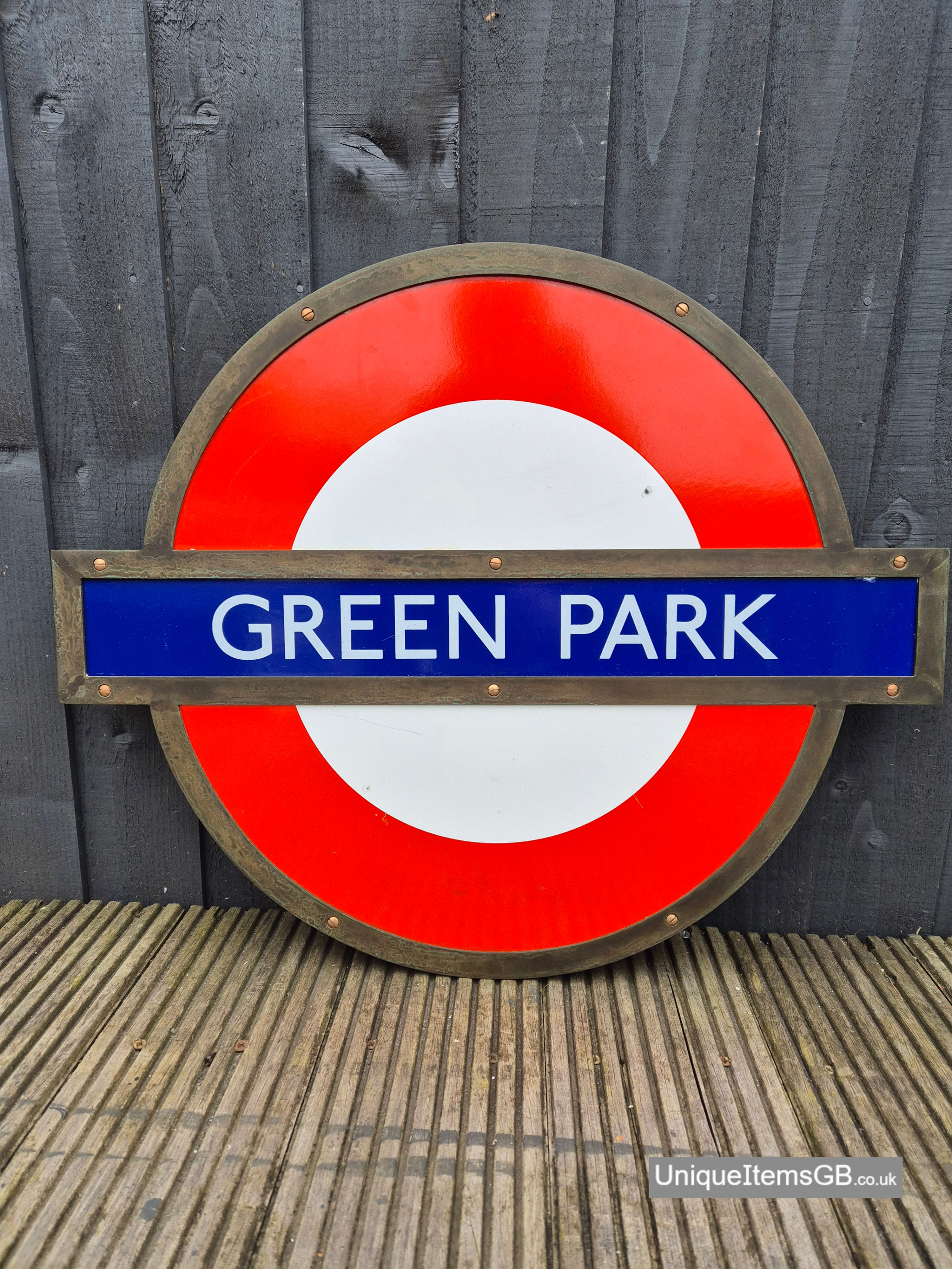 London Underground GREEN PARK Station 24" Roundel Enamel Sign with Bronze Frame